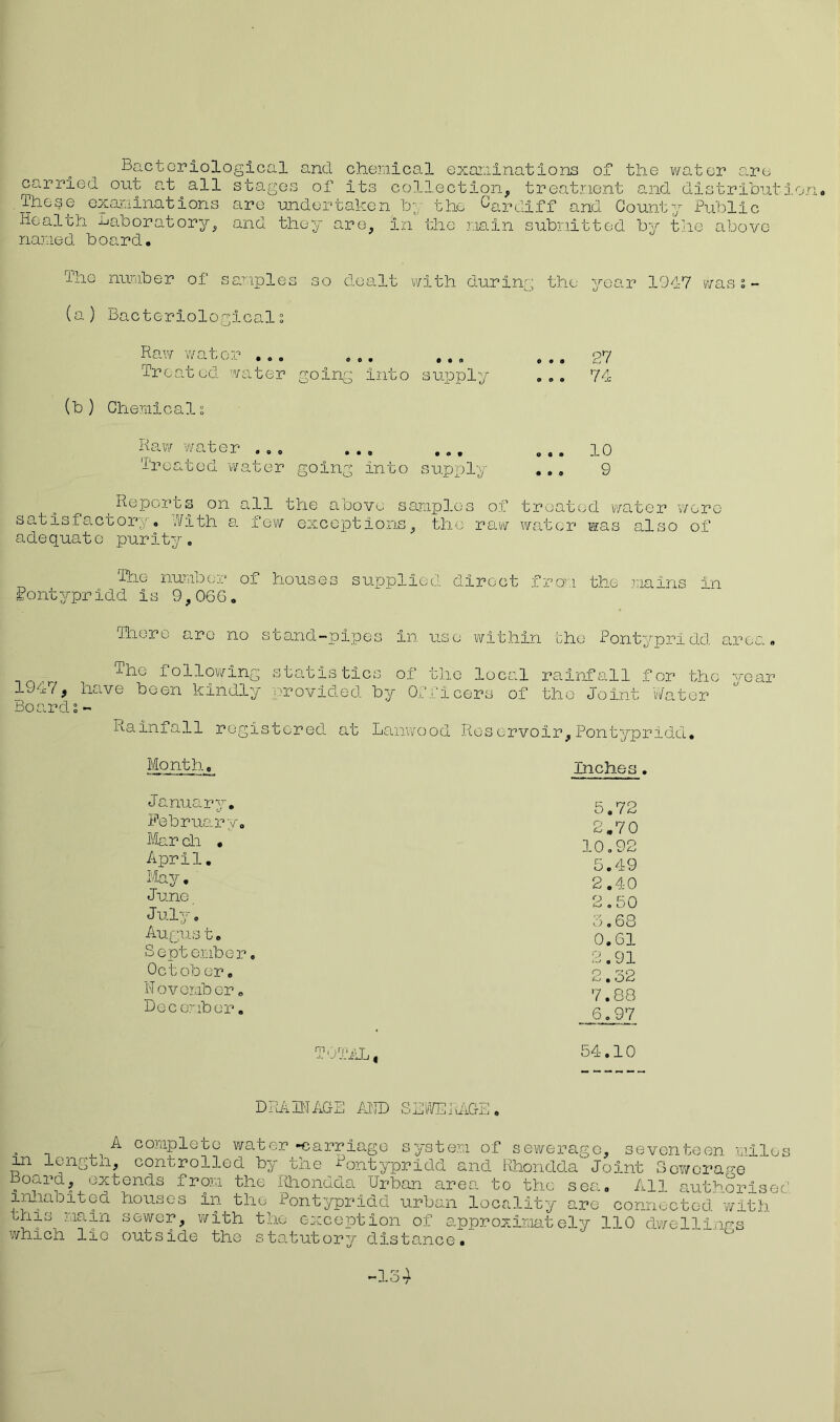 cteriological star.ro B carried out at all These exaninations Health -laboratory, named board. are and chemical examinations of the water are of its collection, treatment and distributio.r undertaken by the Cardiff and County Public and they are, in the main submitted by the above The number of samples so dealt with during the year 1047 wass- (a) Bacteriologicals Raw water ... ... ... ... 27 Treated water going into supply ... 74 (b ) Chemicals Raw water ... ... Treated water going into supply 10 9 _Reports on all the above s satisfactory. With a few exceptions adequate purity. amples of treated water were , the raw water was also of iho number of houses supplied direct from the mains in Pontypridd is 9,066„ There are no stand-pipes in use within the Pontypridd area. The following statistics of the local rainfall for the ■'rear 19d7, have been kindly provided by Officers of the Joint Water Boards - Rainfall registered at Lanwood Reservoir,Pontypridd. Month. January. February. Mar ch • April. May. June July. August, September» Octob or. Novomb or. December. m ,-)ni i *L. Inches. 5, .72 2, .70 10 .92 5, ,49 2, .40 O . .50 O ^ .68 0, .61 o ‘ « .91 o Cj « .32 7. ,88 6, ,97 54. ,10 DRAINAGE AND a. T; i/'l/E 1 iii.Gr „ ^ comple be water -carriage system of sewerage, seventeen miles in length, controlled by the Pontypridd and Rhondda Joint Sewerage board, extends from the Rhondda Urban area to the sea. All authorised inhabited this main which lie in the Pontypridd urban locality are connected with hous e s sewer, with the exception of approximately 110 dwellings outside the statutory distance.