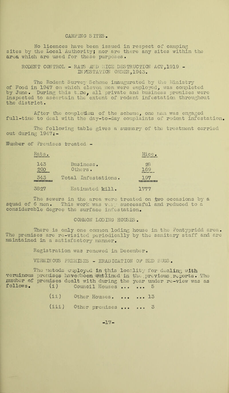 CAMPING SITES No licences have been issued, in respect of camping sites by the Local Authority; nor are there any sites within the area which are used for these purposes. RODENT CONTROL - RATS AMD LUCE DESTRUCTION ACT, 1919 - INFESTATION ORDER, 1943. The Rodent Survey Scheme inaugurated by the Ministry of Food in 1947 on which eleven men were employed, was completed by June. During this tinef all private and business premises were inspected to ascertain the extent of rodent infestation throughout the district. After the completion of the scheme, one man was engaged full-time to deal with the day-to-day complaints of rodent infestation. The following table gives a summary of the treatment carried, out during 1947s- Wumber of Premises treated - Rat s. Mice. 143 Business. 23 200 Others . 169 545 Total Infestations. 197 3827 Estimated kill. 1777 The sewers in the area were treated on §wo occasions by a squad of 6 men. This work was vary successful and reduced to a considerable degree the surface infestation. COMMON LODING HOUSES. There is only one common loding house in the Pontypridd area. The premises are ro-visited periodically by the sanitary staff and are maintained in a satisfactory manner. Registration was renewed in December. VERMINOUS PREMISES - ERADICATION OF BED BUGS. The me tods employed in this locality for dealing with •verminous premises havelb'een. hut 1'inod' in the .previous .reports . .The number of premises dealt with during the year under re-view was as follows. (i) Council Houses ... ... 5 Other Houses. ... ... 13 Other premises (ii ) (iii ) -17- 3