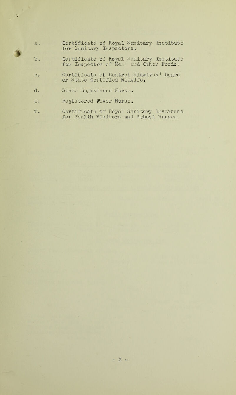 h. c . for Sanitary Inspectors. Certificate of Royal Sanitary Institute for Inspector of Meal- and Other Foods. Certificate of Central Midwives1 Board or State Certified Midwife. d. State Registered Nurse. e. Registered Fever Nurse. f. Certificate of Royal Sanitary Institute for Health Visitors and School Nurses. 3