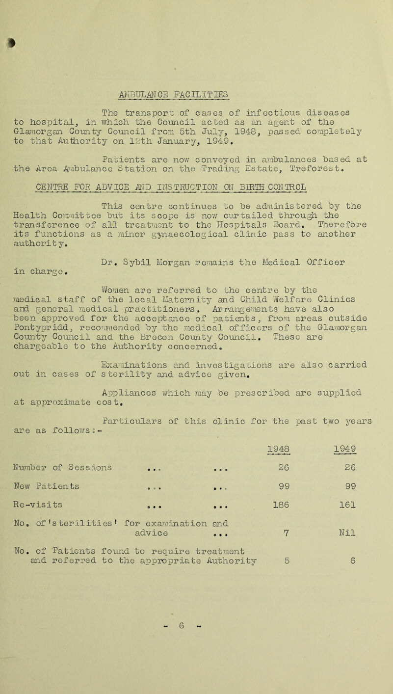 AMBIJLM GE FAC ILITIES ♦ The transport of cases of infectious diseases to hospital, in which the Council acted as an agent of the Glamorgan County Council from 5th July, 1948, passed completely to that Authority on 12th January, 1949. Patients are now conveyed in ambulances based at the Area Ambulance Station on the Trading Estate, T'reforest. CENTRE FOR ADVICE AND INSTRUCTION OK BIRTH CONTROL This centre continues to be administered by the Health Committee but its scope is now curtailed through the transference of all treatment to the Hospitals Board. Therefore Its functions as a minor gynaecological clinic pass to another author! t y. Dr. Sybil Morgan remains the Medical Officer in charge. Women are referred to the centre by the medical staff of the local Maternity and Child Welfare Clinics and general medical practitioners. Arrangements have also been approved for the acceptance of patients, from areas outside Pontypridd, recommended by the medical officers of the Glamorgan Gounty Council and the Brecon County Council. These are chargeable to the Authority concerned. Examinations and investigations are also carried out in cases of sterility and advice given. Appliances which may be prescribed are supplied at approximate cost. Particulars of this clinic for the past two years are as follows 1948 1949 Numb e r of S e s s ions • O o • 0 o 26 26 New Patients 0 o 0 9 • o 99 99 Re-visits 0 • • 9 C • 186 161 No, of!sterilities1 for examination advice and 0 9 9 7 Nil No. of Patients found to require treatment and referred to the appropriate Authority 5 6 6