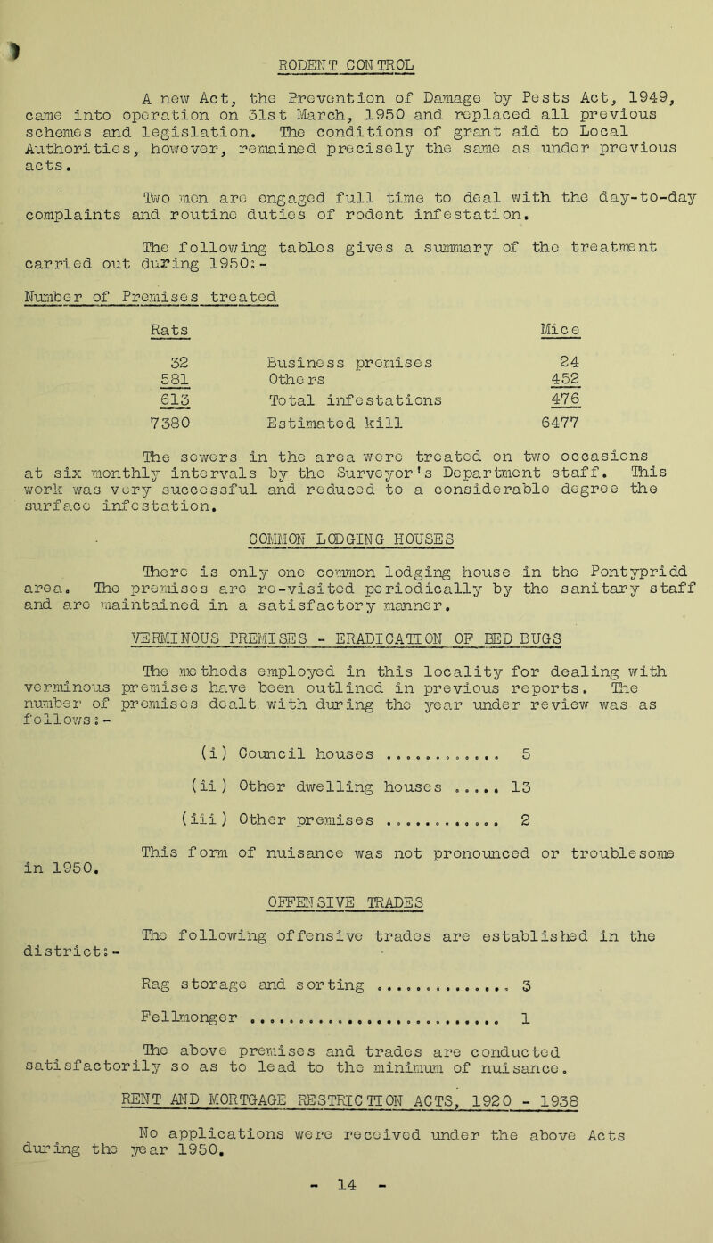 RODENT CONTROL A new Act, the Prevent ion of Damage by Pests Act, 1949, came into operation on 31st March, 1950 and replaced all previous schemes and legislation. The conditions of grant aid to Local Authorities, however, remained precisely the same as under previous acts. Two men are engaged full time to deal with the day-to-day complaints and routine duties of rodent infestation. The following tables gives a summary of the treatment carried out during 1950:- Number of Premises treated Rats Mice 32 Business promises 24 581 Othe rs 452 613 Total Infestations 476 7380 Estimated kill 6477 The sowers in the area were treated on two occasions at six monthly intervals by the Surveyor's Department staff. This work was very successful and reduced to a considerable degree the surface infestation. COMMON LODGING HOUSES There is only one common lodging house in the Pontypridd area. The premises are re-visited periodically by the sanitary staff and are maintained in a satisfactory manner. VERMINOUS PREMISES - ERADICATION OF BED BUGS The methods employed in this locality for dealing with verminous premises have been outlined in previous reports. The number of premises dealt, 'with during the year under review was as follows:- (i) Council houses ............ 5 (ii) Other dwelling houses ..... 13 (iii) Other premises ............ 2 This form of nuisance was not pronounced or troublesome in 1950. OFFENSIVE TRADES The following offensive trades are established in the district:- Rag s torage and s or ting .............. 3 Fellmonger 1 The above premises and trades are conducted satisfactorily so as to lead to the minimum of nuisance. RENT AND MORTGAGE RESTRICTION ACTS, 192 0 - 1938 No applications were received under the above Acts during the year 1950, 14