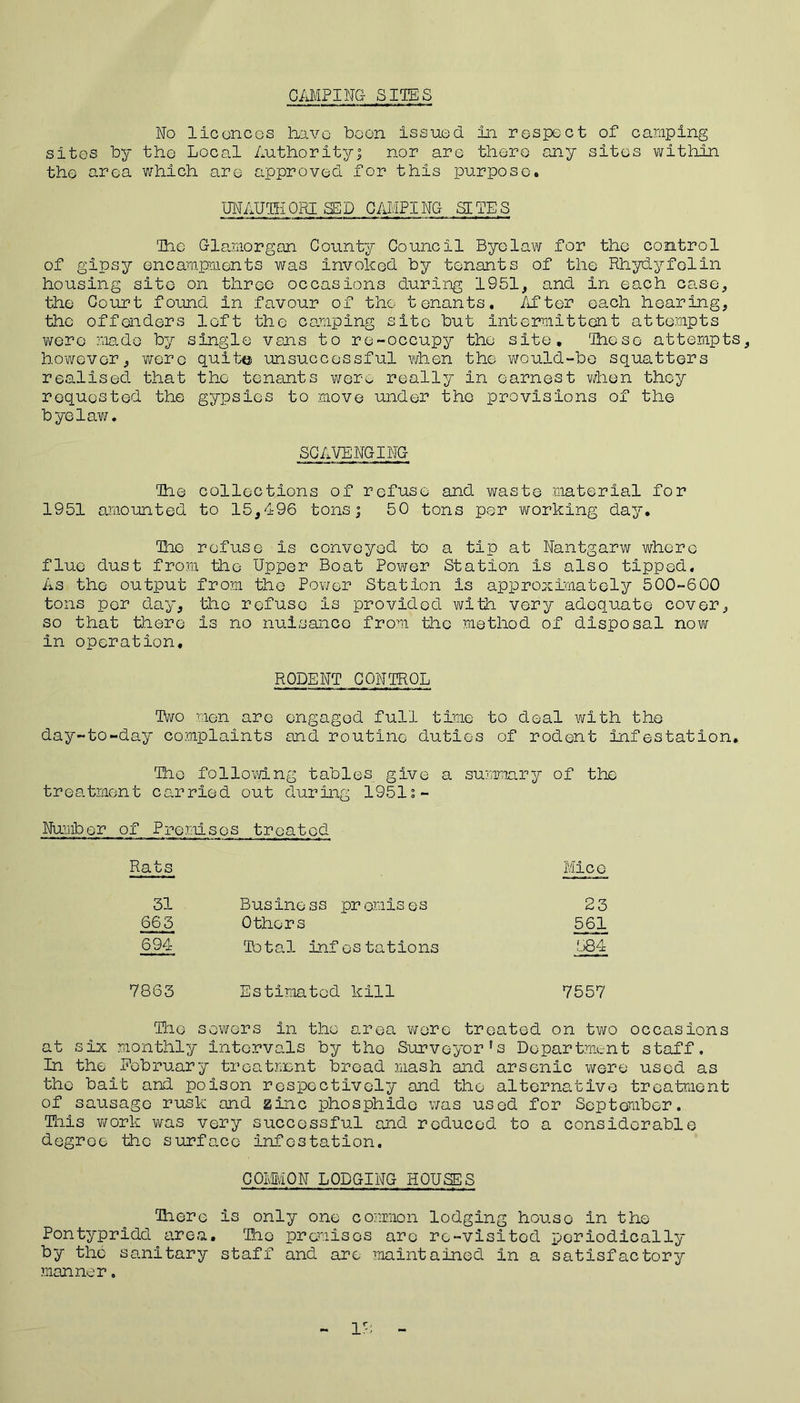 CAMPING SITES No licences have boon issued in respect of caraping sites by the Local Authority; nor are there any sites within the area which are approved for this purpose. UNAUTHORI SEP CAMPING SETBS Tie Glamorgan County Council Byelaw for the control of gipsy encampments was invoked by tenants of the Rhydyfolin housing site on three occasions during 1951, and in each case, the Court found in favour of the tenants, lifter each hearing, the offenders loft the camping site but intermittent attempts were made by single vans to re-occupy the site. These attempts, however, were quit© unsuccessful when the would-be squatters realised that the tenants wer-o really in earnest when they requested the gypsies to move under the provisions of the bye lav/. SCAVENGING Tie collections of refuse and waste material for 1951 amounted to 15,496 tons; 50 tons per working day. Tie refuse is conveyed to a tip at Nantgarw where flue dust from the Upper Boat Power Station is also tipped. As the output from the Power Station is approximately 500-600 tons per day, the refuse is provided with very adequate cover, so that there Is no nuisance from the method of disposal now in operation. RODENT CONTROL Two men are engaged full time to deal with the day-to-day complaints and routine duties of rodent infestation. The following tables give a summary of the treatment carried out during 1951s- Number of Premises treated Rats Mice 31 Busine ss pr omis es 23 663 Others 561 694 Total infestations 584 7863 Estimated kill 7557 The sewers in the area were treated on two occasions at six monthly intervals by the Surveyor’s Department staff. In the February treatment bread mash and arsenic were used as the bait and poison respectively and the alternative treatment of sausage rusk and ginc phosphide was used for September. This work was very successful and reduced to a considerable degree the surface infestation. COMMON LODGING HOUSES Tiere is only one common lodging house in the Pontypridd area. Tne premises are re-visited periodically by the sanitary staff and are maintained in a satisfactory manner. - 1?