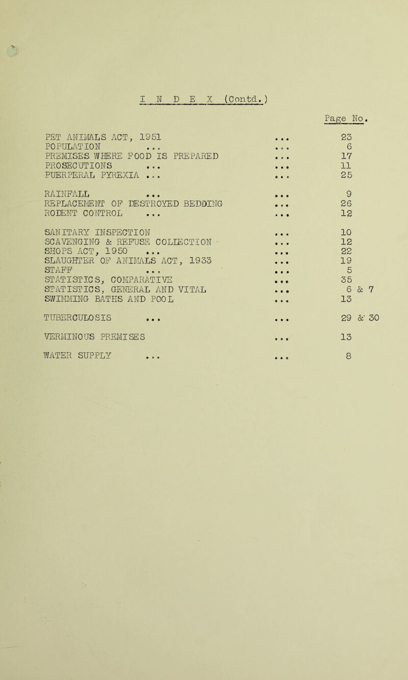 I N D E X (Conta. ) Page No. PET ANIMALS ACT-, 1951 ... 23 POPULATION ... ... 6 PREMISES WHERE FOOD IS PREPARED ... 17 PROSECUTIONS ... ... 11 PUERPERAL PYREXIA ... ... 25 RAINFALL ... ... 9 REPLACEMENT OF DESTROYED BEDDING ... 26 RODENT CONTROL ... ... 12 SANITARY INSPECTION ... 10 SCAVENGING & REFUSE COLLECTION • ... 12 SHOPS ACT, 1950 ... ... 22 SLAUGHTER OF ANIMALS ACT, 1933 ... 19 STAFF ... ... 5 STATISTICS, COMPARATIVE ... 35 STATISTICS, GENERAL AND VITAL ... 6 & 7 SWIMMING BATHS AND POOL ... 13 TUBERCULOSIS ... ... 29 &' 30 VERMINOUS PREMISES ... 13 WATER SUPPLY