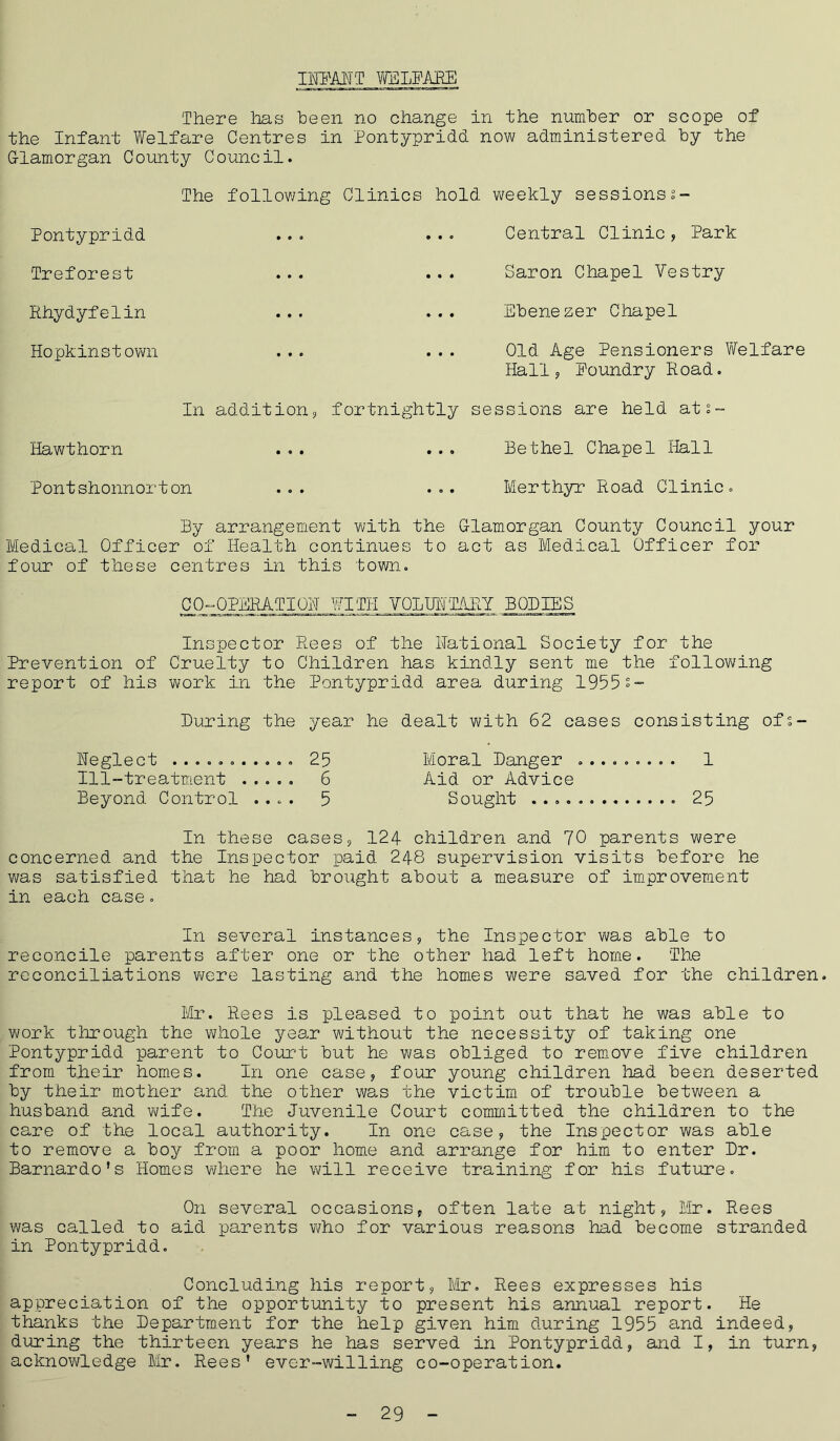 IHFAHT WELFARE There has been no change in the number or scope of the Infant Welfare Centres in Pontypridd now administered by the Glamorgan County Council. Pontypridd Treforest Rhydyfelin Hopkinstown The following Clinics hold weekly sessionss- .. . ... Central Clinic, Park ... ... Saron Chapel Vestry ... ... Ebenezer Chapel ... ... Old Age Pensioners Welfare Hall, Foundry Road. In addition, fortnightly sessions are held ats- Hawthorn ... ... Bethel Chapel Hall Pontshonnorton ... ... Merthyr Road Clinic By arrangement with the Glamorgan County Council your Medical Officer of Health continues to act as Medical Officer for four of these centres in this town. CO-OPERATIOH WITH VOLUNTARY BODIES Inspector Rees of the Rational Society for the Prevention of Cruelty to Children has kindly sent me the following report of his work in the Pontypridd area during 1955 During the year he dealt with 62 cases consisting ofs- Heglect ........... 25 Moral Danger ......... 1 Ill-treatment ..... 6 Aid or Advice Beyond Control .... 5 Sought 25 In these cases, 124 children and 70 parents were concerned and the Inspector paid 248 supervision visits before he was satisfied that he had brought about a measure of improvement in each case. In several instances, the Inspector was able to reconcile parents after one or the other had left home. The reconciliations were lasting and the homes were saved for the children. Mr. Rees is pleased to point out that he was able to work through the whole year without the necessity of taking one Pontypridd parent to Court but he was obliged to remove five children from their homes. In one case, four young children had been deserted by their mother and the other was the victim of trouble between a husband and wife. The Juvenile Court committed the children to the care of the local authority. I11 one case, the Inspector was able to remove a boy from a poor home and arrange for him to enter Dr. Barnardo’s Homes where he will receive training for his future. On several occasions, often late at night, Mr. Rees was called to aid parents who for various reasons had become stranded in Pontypridd. Concluding his report, Mr. Rees expresses his appreciation of the opportunity to present his annual report. He thanks the Department for the help given him during 1955 and indeed, during the thirteen years he has served in Pontypridd, and I, in turn, acknowledge Mr. Rees' ever-willing co-operation. 29