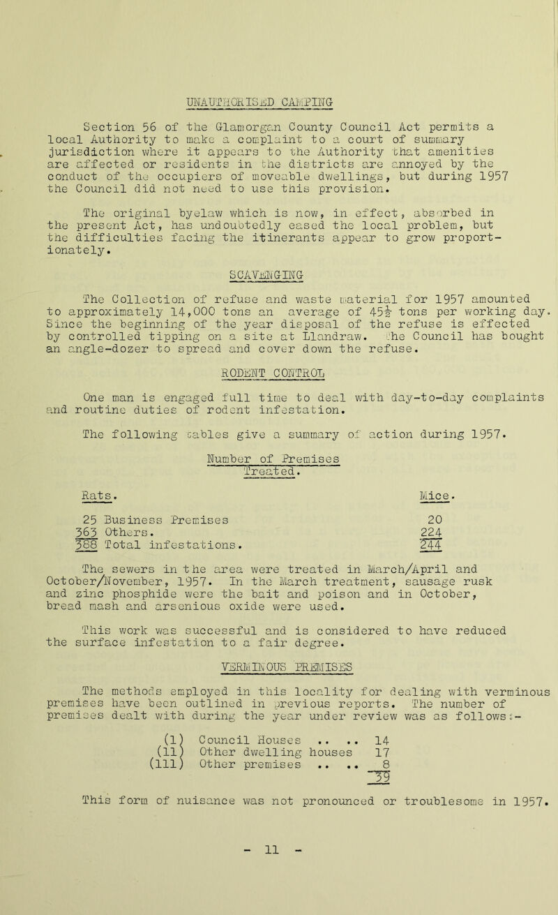 UNAUTHOKISjjJD CAMPING Section 56 of the Glamorgan County Council Act permits a local Authority to make a complaint to a court of summary jurisdiction where it appears to the Authority that amenities are affected or residents in the districts are annoyed by the conduct of the occupiers of moveable dwellings, but during 1957 the Council did not need to use this provision. The original byelaw which is now, in effect, absorbed in the present Act, has undoubtedly eased the local problem, but the difficulties facing the itinerants appear to grow proport- ionately. SCAVENGING The Collection of refuse and waste material for 1957 amounted to approximately 14,000 tons an average of 45ir tons per working day. Since the beginning of the year disposal of the refuse is effected by controlled tipping on a site at LIandraw. The Council has bought an angle-dozer to spread and cover down the refuse. RODENT CONTROL One man is engaged full time to deal with day-to-day complaints and routine duties of rodent infestation. The following cables give a summary of action during 1957. Number of Premises Treated. Rats. Mice. 25 Business Premises 20 565 Others. 224 588 Total infestations. 244 The sewers in the area were treated in March/April and October/November, 1957* In the March treatment, sausage rusk and zinc phosphide were the bait and poison and in October, bread mash and arsenious oxide were used. This work, was successful and is considered to have reduced the surface infestation to a fair degree. VERMINOUS PREMISES The methods employed in this locality for dealing with verminous premises have been outlined in previous reports. The number of premises dealt with during the year under review was as followss- (l) Council Houses .. .. 14 (ll) Other dwelling houses 17 (ill) Other premises .. .. 8 IS This form of nuisance was not pronounced or troublesome in 1957. 11