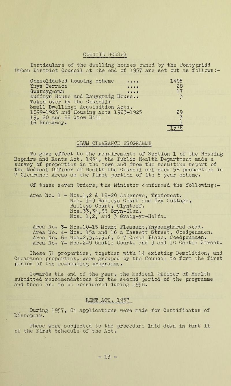COUNCIL HOUSES Particulars of the dwelling houses owned by the Pontypridd Urban District Council at the end of 1957 are set out as followss- Consolidated housing Scheme .... 1495 Ynys Terrace .... 28 G-wernygerwn »•. t 17 Duffryn House and Danygraig House.. 3 Taken over by the Councils Small Dwellings Acquisition Acts, 1899-1923 and Housing Acts 1923-1925 29 19, 20 and 22 Stow Hill 3 16 Broadway. 1 T5T6 SLUM CLEARANCE PROGRAMME To give effect to the requirements of Section 1 of the Housing Repairs and Rents Act, 1954, the Public Health Department made a survey of properties in the town and from the resulting report of the Medical Officer of Health the Council selected 58 properties in 7 Clearance Areas as the first portion of its 5 year scheme. Of these seven Orders, the Minister confirmed the followings- Area No. 1 - Nos.1,2 & 12-20 Ashgrove, Treforest. Nos. 1-9 Baileys Court and Ivy Cottage, Baileys' Court, Grlyntaff. Nos.33,34,35 Bryn-Ilan. Nos. 1,2, and 3 G-raig-yr-Helfa. Area No. 3- Nos.10-15 Mount Pleasant,Ynysangharad Road. Area No. 4- Nos. 15a and 16 a Bassett Street, Coedpenmaen. Area No. 6- Nos.2,3,4,5,6, & 7 Canal Place, Coedpenma.an. Area No. 7- Nos.2-9 Castle Court, and 9 and 10 Castle Street. These 51 properties, together with 14 existing Demolition, and Clearance properties, were grouped by the Council to form the first period of the re-housing programme. Towards the end of the year, the Medical Officer of Health submitted recommendations for the second period of the programme and these are to be considered during 1958. RENT ACT, 1957 During 1957, 84 applications were made for Certificates of Disrepair. These were subjected to the procedure laid down in Part II of the first Schedule of the Act. - 13 -