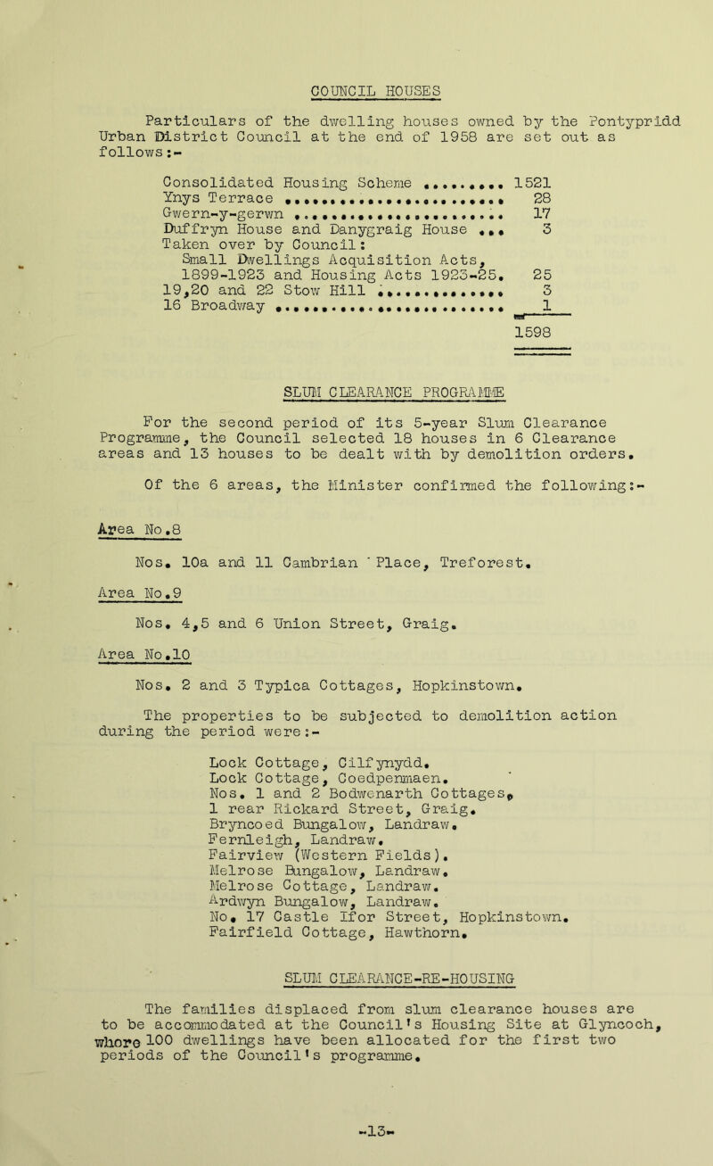 COUNCIL HOUSES Particulars of the dwelling houses owned by the Pontypridd Urban District Council at the end of 1958 are set out as follows :~ Consolidated Housing Scheme «•...«••• 1521 Ynys Terrace •••,••«•••. •••.«••...«•• 28 Gwern-y~gerwn 17 Duffryn House and Danygraig House ,3 Taken over by Councili Small Dwellings Acquisition Acts, 1899-1923 and Housing Acts 1925-25. 25 19,20 and 22 Stow Hill «».,..»•«••••. 3 16 Broadv/ay ....... 1 1598 SLUM CLEARANCE PROGRAMME For the second period of its 5-year Slum Clearance Programme, the Council selected 18 houses in 6 Clearance areas and 13 houses to be dealt with by demolition orders. Of the 6 areas, the Minister confirmed the following;- Area No.8 Nos. 10a and 11 Cambrian ' Place, Treforest. Area No.9 Nos, 4,5 and 6 Union Street, Graig. Area No.10 Nos. 2 and 3 Typica Cottages, Hopkinstown. The properties to be subjected to demolition action during the period were Lock Cottage, Cilfynydd. Lock Cottage, Coedpenmaen. Nos. 1 and 2 Bodwenarth Cottages* 1 rear Rickard Street, Graig. Bryncoed Bungalow, Landraw• Fernleigh, Landraw, Fairview (Western Fields). Melrose Bungalow, Landraw. Melrose Cottage, Landraw. Ardwyn Bungalow, Landraw. No. 17 Castle Ifor Street, Hopkinstown. Fairfield Cottage, Hawthorn, SLUM CLEARANCE-RE-HOUSING The families displaced from slum clearance houses are to be accommodated at the Council’s Housing Site at Glyncoch, whore 100 dwellings have been allocated for the first two periods of the Council’s programme. -13