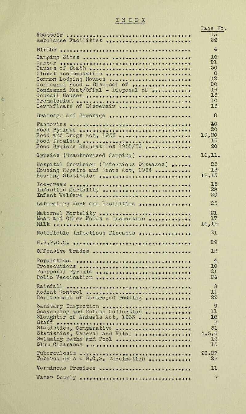 INDEX Page No, Abattoir . 15 Ambulance Facilities ••.»••...•••»••••. ... 22 Births 4 Camping Sites ........ 10 Cancer 21 Causes of Death 30 Closet Accommodation 8 Common Lodging Houses 12 Condemned Food - Disposal of 20 Condemned Meat/Offal - Disposal of 16 Council Houses 13 Crematorium 10 Certificate of Disrepair 13 Drainage and Sewerage 8 Factories 10 Food Byelaws .... 20 Food and Drugs Act, 1955 19,20 Food Premises 15 Food Hygiene Regulations 1955/56 20 Gypsies (Unauthorised Camping) 10,11. Hospital Provision (Infectious Diseases) 25 Housing Repairs and Rents Act, 1954 ..••...•••• 13 Housing Statistics 12.13 Ice-cream ... 15 Infantile Mortality 28 Infant Welfare ...•••••• • 29 Laboratory Work and Facilities 25 Maternal Mortality 21 Meat and Other Foods - Inspection 17 Milk 14,15 Notifiable Infectious Diseases 21 N.S.P.C.C 29 Offensive Trades 12 Population. 4 Prosecutions 10 Puerperal Pyrexia 21 Polio Vaccination 24 Rainfall 8 Rodent Control 11 Replacement of Destroyed Bedding 22 Sanitary Inspection 9 Scavenging and Refuse Collection 11 Slaughter of Animals Act, 1933 18 Staff 3 Statistics, Comparative 31 Statistics, General and Vital 4.5.6 Swimming Baths and Pool 12 Slum Clearance 13 Tuberculosis 26.27 Tuberculosis - B.C.G, Vaccination 27 Verminous Premises 11 Water Supply .... 7