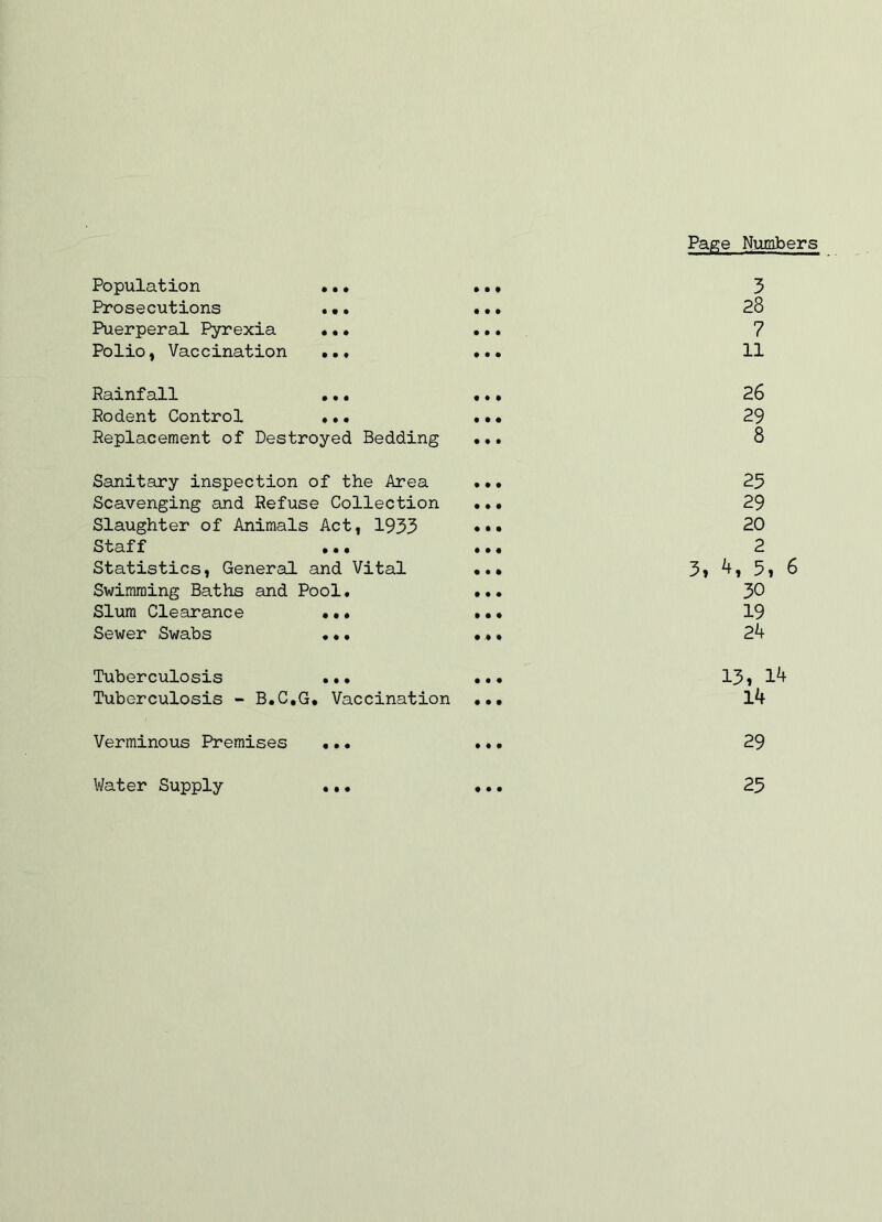 Population ... .., 3 Prosecutions ... ... 28 Puerperal Pyrexia ... ... 7 Polio, Vaccination ... ... 11 Rainfall ... ... 26 Rodent Control ... ... 29 Replacement of Destroyed Bedding ... 8 Sanitary inspection of the Area ... 25 Scavenging and Refuse Collection ... 29 Slaughter of Animals Act, 1933 ••• 20 Staff ... ... 2 Statistics, General and Vital ... 3, 4, 5, 6 Swimming Baths and Pool, ... 30 Slum Clearance ... ... 19 Sewer Swabs ... ... 24 Tuberculosis ... Tuberculosis - B.C.G. Vaccination 13, 14 14 Verminous Premises 29 25 Water Supply