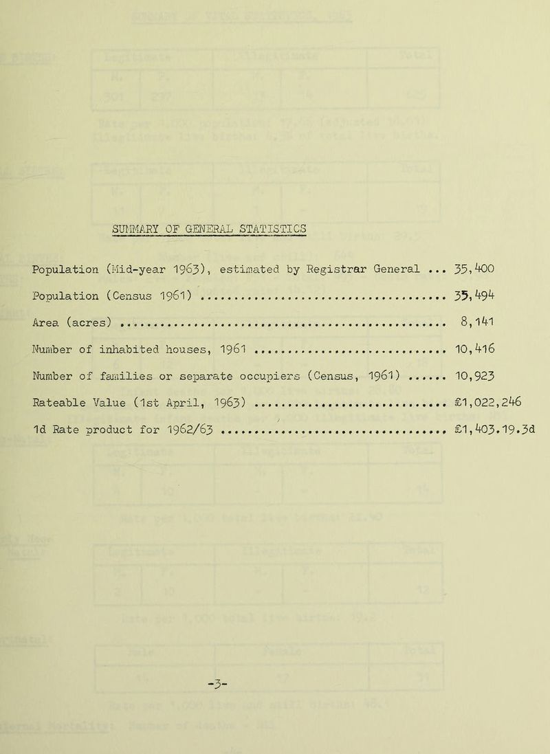 SiniMARY OF GENERAL STilTISTICS Population (Mid-year 19^3)» estimated by Registrar General ... 335^0 Population (Census I96I) 35i ^9^ Area (acres) 8,141 Number of inhabited houses, 1961 10,4l6 Number of feaiiilies or separate occupiers (Census, I96I) 10,923 Rateable Value (1st April, 1963) £1,022,2^6 Id Rate product for I962/63 * £1,403.19»3d -3-