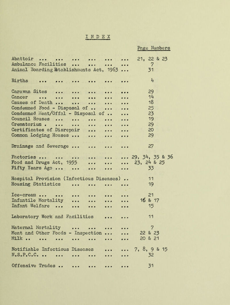 INDEX • • • • • Abattoir Ambulance Facilities Animal BoardingStablishraents Act, 19^3 • • • • • • Births • • • # • • • t • • • • • • • • • • «• ••• ••• « « • « » • • # • # « • # • • • • # • • « • • • # • • • • • • # • • • • Caravan Sites Cancer Causes of Death *.* Condemned Food - Disposal of ., Condemned Meat/Offal - Disposal of ,. Council Houses Crematorium . Certificates of Disrepair Common Lodging Houses ... Drainage and Sewerage ... Fa^ctoraes «•« •«# Food and Drugs Act, 1955 Fifty Years Ago • « • • • • 0 9 0 0 0 0 0 0 0 0 0 0 Hospital Provision (Infectious Diseases) Housing Statistics 0 0 0 0 0 0 Ice-cream ... Infantile Mortality Infant Welfare 0 0 0 0 0 0 0 0 0 0 0 0 0 0 0 0 0 0 0 0 0 0 0 0 0 0 Laboratory Work and Facilities Maternal Mortality Meat and Other Foods - Inspection Mxlk ## ••• ••• ••• Notifiable Infectious Diseases N.S.P.C.C • • • • • • Page Numbers 21, 22 & 23 7 31 4 29 14 18 25 23 19 29 20 29 27 29, 34, 35 & 36 23, 24 & 25 33 11 19 21 16 & 17 15 11 7 22 & 23 20 & 21 7, 8, 9 & 15 32 Offensive Trades .. ... 31