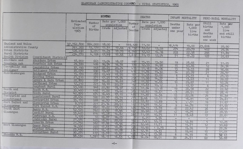 GLAMORGAN (ADMINISTRATIVE COUNTY) - VITAL STATISTICS, 1965 -6-