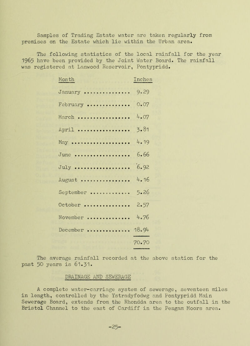 Samples of Trading Estate water are taken regularly from premises on the Estate which lie within the Urban area. The following statistics of the local rainfall for the year 1965 have been provided by the Joint Water Board. The rainfall was registered at Lanwood Reservoir, Pontypridd. Month Inches J anuary .............. . 9»29 February 0.0? March 4.0? April 3»81 May 4.19 June 6.66 July 6.92 August 4.16 September ............. 26 October 2.57 November 4.76 December 18.94 70.70 The average rainfall recorded at the above station for the past 50 years is 61.3'1* DRAINAGE AND SEWERAGE A complete water-carriage system of sewerage, seventeen miles in length, controlled by the Ystradyfodwg and Pontypridd Main Sewerage Board, extends from the Rhondda area to the outfall in the Bristol Channel to the east of Cardiff in the Pengam Moors area. -25-