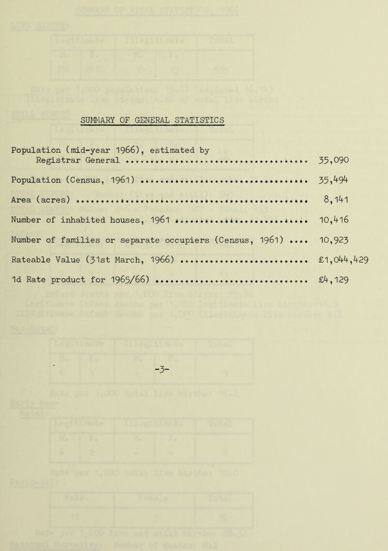 SUMMARY OF GENERAL STATISTICS Population (mid-year 1966), estimated by Registrar General ........ . ........ 35»090 Population (Census, 1961) . ...* 35*494 Area (acres) . . ...« ..... 8,141 Number of inhabited houses, 1961 10,4l6 Number of families or separate occupiers (Census, 1961) .... 10,923 Rateable Value (31st March, 1966) £1,044,429 Id Rate product for 1965/66) £4,129 -3-