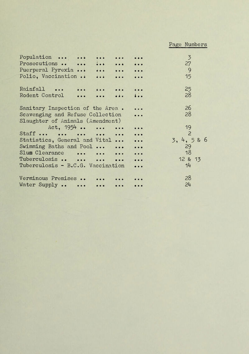 Population • • « 000 0 0 0 Page Numbers 3 Prosecutions .. ... 4 4 0 • 0 4 0 0 0 27 Puerperal Pyrexia ..* 0 4* • • • 0 0 0 9 Polio, Vaccination .« 4 • 4 • • • 4 0 0 15 Rainfall ••• *•* * 4 • • » • 6 4 0 25 Rodent Control ... • • • • i e t.. 28 Sanitary Inspection of the Area . 0 0 0 26 Scavenging and Refuse Collection 0#0 28 Slaughter of Animals Act, 1954 •• (Amendment) • • • • • • 0 0 0 19 Staff ••• ••• ••• t • • • » • 0 0 0 2 Statistics, General and Vital ... 0 0 0 3, 4, 5 & 6 Swimming Baths and Pool 4 0 4 29 Slum Clearance ... • • • #•« 0 0 0 18 Tuberculosis 9 0 0 4 0 0 0 0 0 12 & 13 Tuberculosis - B.C.G. Vaccination • 0 0 14 Verminous Premises .. 0 0 0 0 0 0 0 0 0 28 Water Supply .. ... • 0 0 0 0 0 0 0 0 24