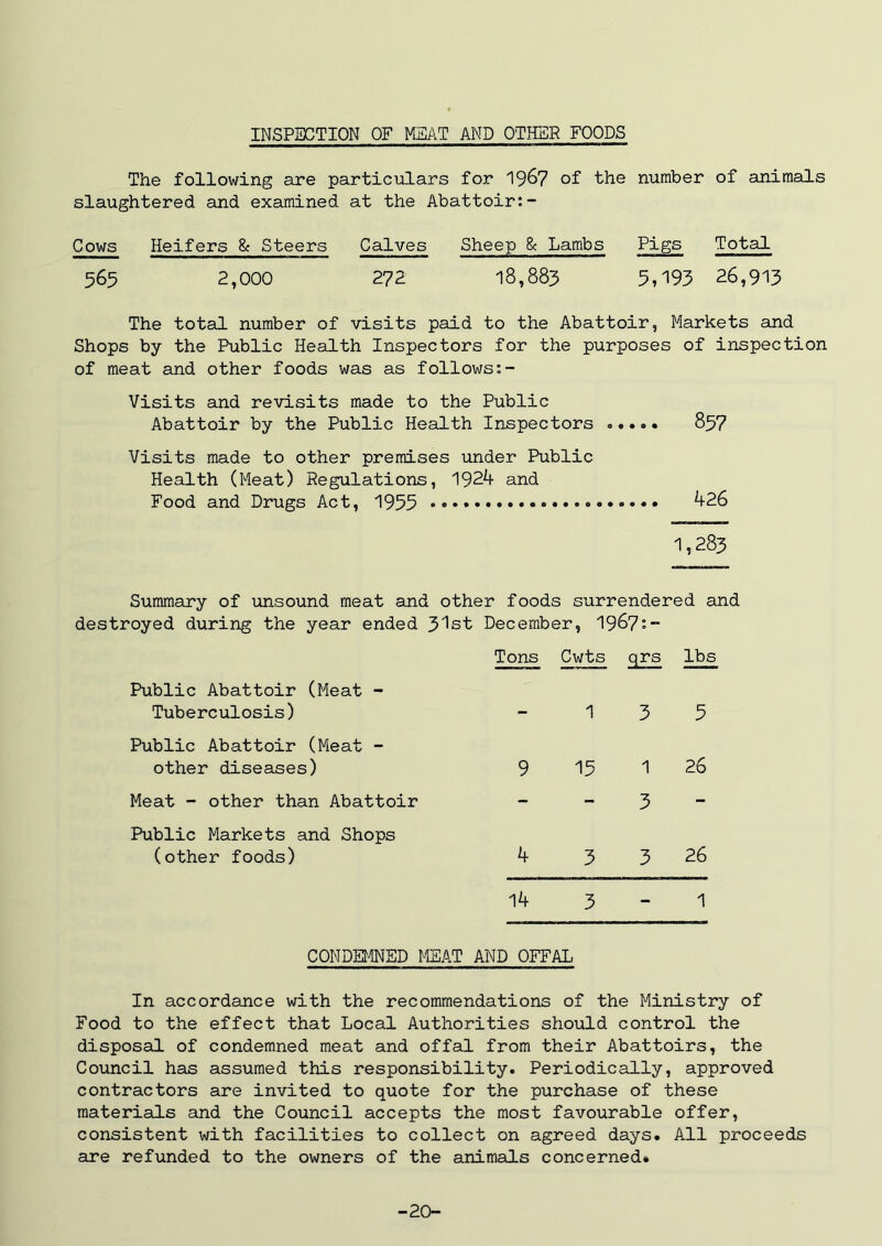 INSPECTION OF MEAT AND OTHER FOODS The following are particulars for 19^7 of the number of animals slaughtered and examined at the Abattoir:- Cows Heifers Be Steers Calves Sheep 8c Lambs Pigs Total 565 2,000 272. 18,883 5,193 26,913 The total number of visits paid to the Abattoir, Markets and Shops by the Public Health Inspectors for the purposes of inspection of meat and other foods was as follows;- Visits and revisits made to the Public Abattoir by the Public Health Inspectors <> o • > • 85? Visits made to other premises under Public Health (Meat) Regulations, 1924 and Food and Drugs Act, 1955 ^26 1,283 Summary of unsound meat and other foods surrendered and destroyed during the year ended 3'lst December, 1967:“ Public Abattoir (Meat - Tuberculosis) Public Abattoir (Meat - other diseases) Tons Cwts qrs lbs 1 3 5 9 15 1 26 Meat - other than Abattoir 3 Public Markets and Shops (other foods) 4 3 3 26 14 3 1 CONDEtINED MEAT AND OFFAL In accordance with the recommendations of the Ministry of Food to the effect that Local Authorities should control the disposal of condemned meat and offal from their Abattoirs, the Council has assumed this responsibility. Periodically, approved contractors are invited to quote for the purchase of these materials and the Council accepts the most favourable offer, consistent with facilities to collect on agreed days. All proceeds are refunded to the owners of the animals concerned. -20-