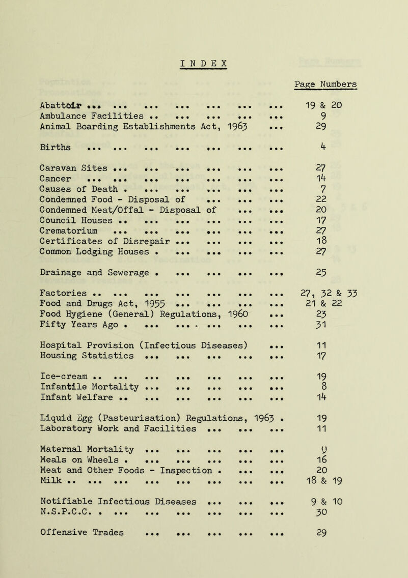 INDEX Page Numbers Aba'b'tOjL]^ ••• • • • • • • • • • • • • 19 & 20 Ambulance Facilities »« • • • • • • • • • • • • 9 Animal Boarding Establishments Act, 1963 • • • 29 Sxx*'blis ••• ••• • • • • • • • • • • • • k Caravan Sites •.. •.. • • • • • • • • • • • • 27 C £1X1003? ••• ••• ••• • • • • • • • • • • • • 14 Causes of Death • ... • • • • • • • • • • • • 7 Condemned Food - Disposal of • • • • • • • • • 22 Condemned Meat/Offal - Disposal of • » • • • • 20 Council Houses • • • • • • • • • • • • 17 Crematorium •.• ... • • • • • • • • • • • • 27 Certificates of Disrepair • • • • • • • • • « • • 18 Common Lodging Houses • • • • • • • • • • • • • 27 Drainage and Sewerage • • • • • • • • • • • • • 25 Factories •. ••• • • • • • • • • • • • • 27, 32 8c Food and Drugs Act, 1955 • • • • • • • • • • • • 21 & 22 Food Hygiene (General) Regulations, 1960 • • • 23 Fifty Years Ago • ••• • • • « • • • • • • • • • 31 Hospital Provision (Infectious Diseases) • • • 11 Housing Statistics •.• • • • • • • • • • • • • 17 Xc0*~cx'Od.m •• ••• ••• • • • • • • • • • • • • 19 Infantile Mortality ... • • • • • • • • • • • • 8 Infant Welfare •• ... • • # • • • • • • • • • 14 Liquid Egg (Pasteurisation) Regulations, 1963 . 19 Laboratory V/ork and Facilities • • • • • • • • • 11 Maternal Mortality ... • • • • • • • • • • • • U Meals on Wheels . •.• • • • • • • • • • • • • 16 Meat and Other Foods - Inspection • • • • • • • 20 Milk 18 & 19 Notifiable Infectious Diseases • • • • • • • • • 9 & 10 30 Offensive Trades •. • • • • • ♦ • • • » • • • 29