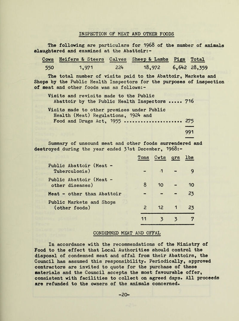 INSPECTION OF MEAT AND OTHER FOODS The following are particulars for 1968 of the number of animals slaughtered and examined at the Abattoir:- Cows Heifers & Steers Calves Sheep & Lambs Pigs Total 550 1,971 224 18,972 6,642 28,359 The total number of visits paid to the Abattoir, Markets and Shops by the Public Health Inspectors for the purposes of inspection of meat and other foods was as follows:- Visits and revisits made to the Public Abattoir by the Public Health Inspectors 716 Visits made to other premises under Public Health (Meat) Regulations, 1924 and Food and Drugs Act, 1955 « 275 991 Summery of unsound meat and other foods surrendered and destroyed during the year ended 31st December, 1968:- Public Abattoir (Meat - Tuberculosis) Public Abattoir (Meat - other diseases) Meat - other than Abattoir Public Markets and Shops (other foods) Tons Cwts qrs lbs 1 - 9 8 10 - 10 23 2 12 1 23 11 3 3 7 CONDEMNED MEAT AND OFFAL In accordance with the recommendations of the Ministry of Food to the effect that Local Authorities should control the disposal of condemned meat and offal from their Abattoirs, the Council has assumed this responsibility. Periodically, approved contractors are invited to quote for the purchase of these materials and the Council accepts the most favourable offer, consistent with facilities to collect on agreed days. All proceeds are refunded to the owners of the animals concerned. -20-