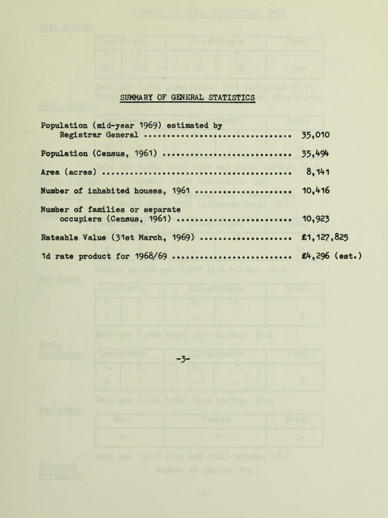 SUMMARY OF GENERAL STATISTICS Population (mid-year 1969) estimated by Registrar General 35,010 Population (Census, '961) 35,*+94 Area (acres) *.» 8,141 Number of inhabited houses, 1961 10,416 Number of families or separate occupiers (Census, 1961) 10,923 Rateable Value (31st March, 1969) £1,127,825 Id rate product for 1968/69 £4,296 (est*) -3-