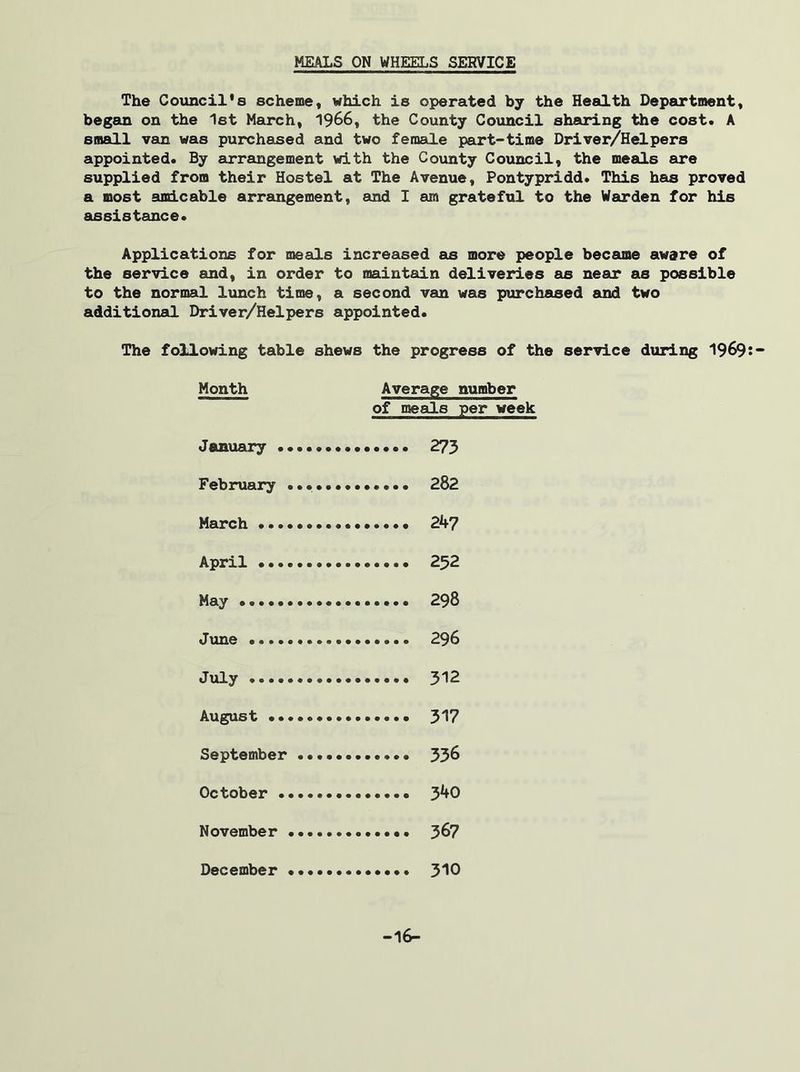 MEALS ON WHEELS SERVICE The Council'8 scheme, which is operated by the Health Department, began on the 1st March, 1966, the County Council sharing the cost. A small van was purchased and two female part-time Driver/Helpers appointed. By arrangement with the County Council, the meals are supplied from their Hostel at The Avenue, Pontypridd. This has proved a most amicable arrangement, and I am grateful to the Warden for his assistance. Applications for meals increased as more people became aware of the service and, in order to maintain deliveries as near as possible to the normal lunch time, a second van was purchased and two additional Driver/Helpers appointed. The following table shews the progress of the service during 1969:- Month Average number of meals per week January 273 February 282 March 247 April 232 May •••••••••••• 298 June 296 July 312 August 31? September 336 October 340 November 367 December 310 -16-