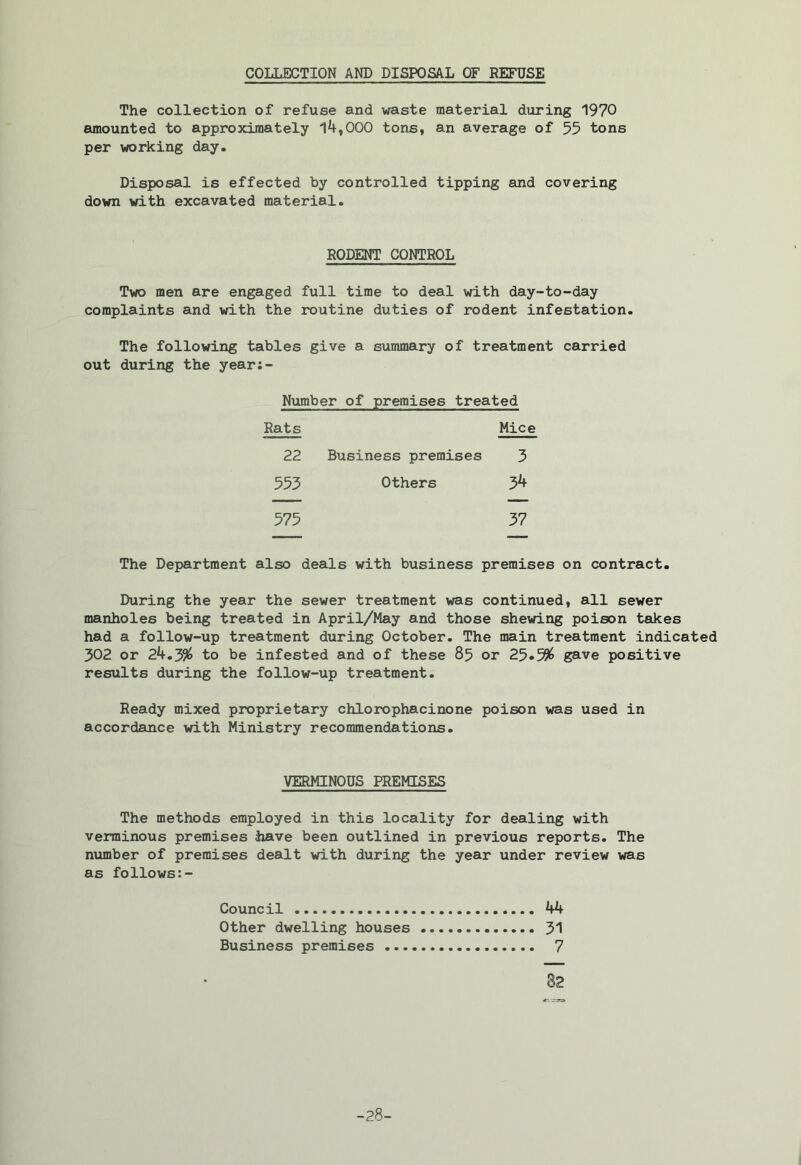COLLECTION AND DISPOSAL OF REFUSE The collection of refuse and waste material during 1970 amounted to approximately 14,000 tons, an average of 55 tons per working day. Disposal is effected by controlled tipping and covering down with excavated material. RODENT CONTROL Two men are engaged full time to deal with day-to-day complaints and with the routine duties of rodent infestation. The following tables give a summary of treatment carried out during the year;- Number of premises treated Rats Mic< 22 Business premises 3 553 Others 34 575 37 The Department also deals with business premises on contract. During the year the sewer treatment was continued, all sewer manholes being treated in April/May and those shewing poison takes had a follow-up treatment during October. The main treatment indicated 302 or 24.3% to be infested and of these 85 or 25.5% gave positive results during the follow-up treatment. Ready mixed proprietary chlorophacinone poison was used in accordance with Ministry recommendations. VERMINOUS PREMISES The methods employed in this locality for dealing with verminous premises have been outlined in previous reports. The number of premises dealt with during the year under review was as follows:- Council 44- Other dwelling houses 31 Business premises 7 82 -28-