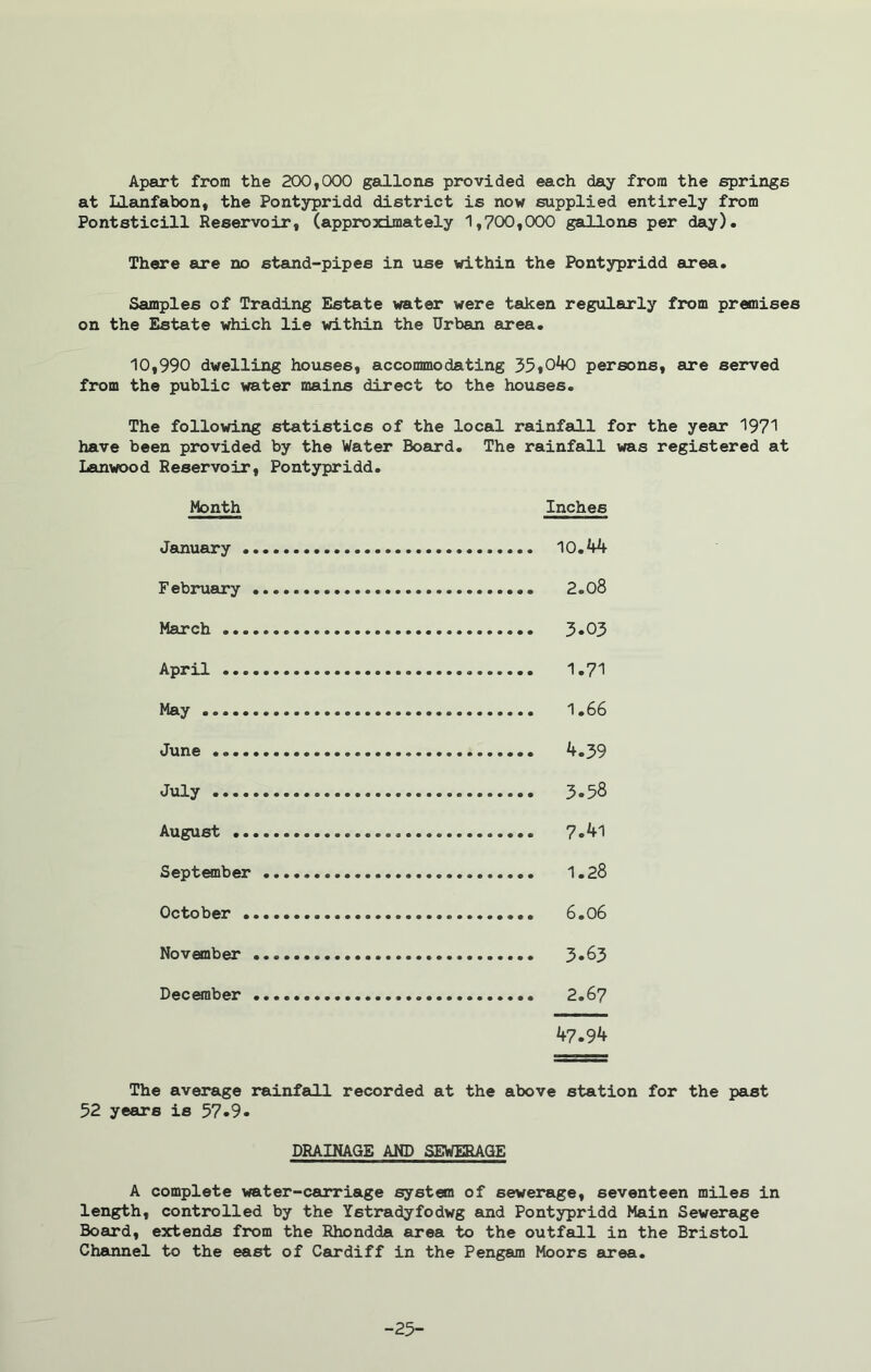 Apart from the 20X3,000 gallons provided each day from the springs at Llanfabon, the Pontypridd district is now supplied entirely from Pontsticill Reservoir, (approximately 1,7CX),(XX) gallons per day). There are no stand-pipes in use within the Pontypridd area. Samples of Trading Estate water were taken regularly from premises on the Estate which lie within the Urban area. 10,990 dwelling houses, accommodating 35»o4o persons, are served from the public water mains direct to the houses. The following statistics of the local rainfall for the year 1971 have been provided by the Water Board. The rainfall was registered at Lanwood Reservoir, Pontypridd. Month Inches January 10.44 February 2.0S March 3*03 April 1.71 May 1.66 June 4.39 July . .. 3.58 August . 7.41 September 1.28 October 6.06 November 3*&3 December 2.67 47.94 The average rainfall recorded at the above station for the past 52 years is 57.9. DRAINAGE AND SEWERAGE A complete water-carriage system of sewerage, seventeen miles in length, controlled by the Ystradyfodwg and Pontypridd Main Sewerage Board, extends from the Rhondda area to the outfall in the Bristol Channel to the east of Cardiff in the Pengam Moors area. -25-