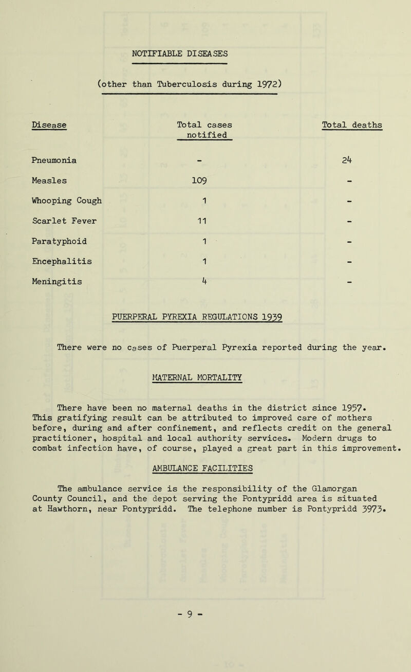 NOTIFIABLE DISEASES (other than Tuberculosis during 1972) Disease Total cases notified Total deaths Pneumonia - 24 Measles 109 Whooping Cough 1 Scarlet Fever 11 Paratyphoid 1 Encephalitis 1 Meningitis 4 PUERPERAL PYREXIA REGULATIONS 1939 There were no cases of Puerperal Pyrexia reported during the year. MATERNAL MORTALITY There have been no maternal deaths in the district since 1957* This gratifying result can be attributed to improved care of mothers before, during and after confinement, and reflects credit on the general practitioner, hospital and local authority services. Modern drugs to combat infection have, of course, played a great part in this improvement. AMBULANCE FACILITIES The ambulance service is the responsibility of the Glamorgan County Council, and the depot serving the Pontypridd area is situated at Hawthorn, near Pontypridd. The telephone number is Pontypridd 3973*