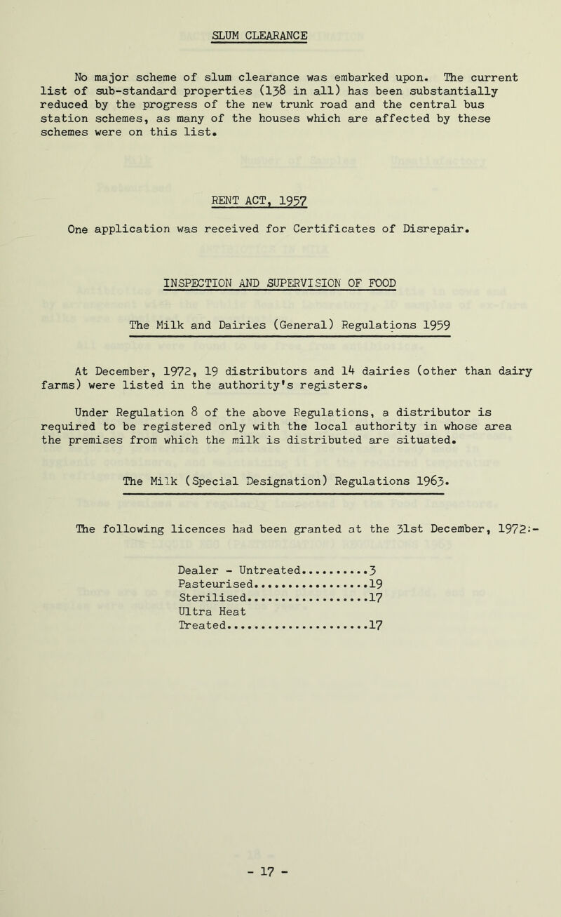 SLUM CLEARANCE No major scheme of slum clearance was embarked upon. The current list of sub-standard properties (138 in all) has been substantially reduced by the progress of the new trunk road and the central bus station schemes, as many of the houses which are affected by these schemes were on this list. RENT ACT, 1937 One application was received for Certificates of Disrepair. INSPECTION AND SUPERVISION OF FOOD The Milk and Dairies (General) Regulations 1959 At December, 1972, 19 distributors and 14 dairies (other than dairy farms) were listed in the authority's registers. Under Regulation 8 of the above Regulations, a distributor is required to be registered only with the local authority in whose area the premises from which the milk is distributed are situated. The Milk (Special Designation) Regulations 1963* The following licences had been granted at the 31st December, 1972: Dealer - Untreated 3 Pasteurised 19 Sterilised 17 Ultra Heat Treated 17 - 17 -