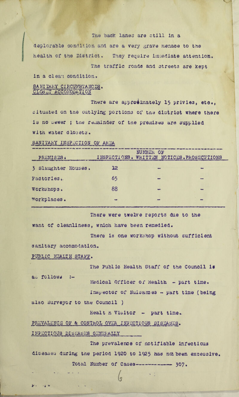 deplorable condition and are a very grave menaoe to the health or the District. They require immediate attention. The traffic roads and streets are kept in a clean condition* BA NI 1AKY CIRCUMSTANC ES. CLOSEST ACCOKQDATIQN There are approximately 15 prlvie3, etc#, situated on the outlying portions 01' the district where there is no sewer ; tne remainder of tne premises are supplied with water Closets. SANITARY INSPECTION OF AREA NUMBER 01' PREMI32S* I INSPECTIONS* VKITISN NOTICES .PROSECUTIONS 3 Slaughter Houses . 12 - - Factories«. 65 - - workshops • 88 - - workplaces * ** - - There were twelve reports due to the want of cleanliness, which have been remedied. There is one workshop without sufficient sanitary accomodation* PUBLIC HEALTH STAFF. The Public Health Staff of the Counoil is a^ follow* Medical Officer of Health - part time. Inspector of Nuisances - part time (being also surveyor to the Council ) Healt h Visitor - part time*. PREVALENCE OF k CONTROL OVER INFECTIOUS DISEASES* INFECTIOUS DISEASES GENERALLY The prevalence or notifiable inrecticu3 diseases during tne period 1920 to 1925 has not been excessive. Total Number of Cases 307. i, ■ * • -1 W