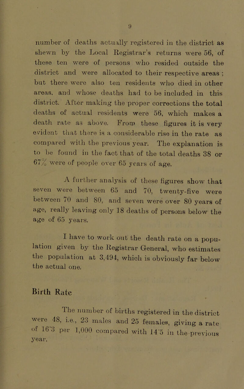 number of deaths actuallj’- registered iu the district as shewn by the Local Registrar’s returns were 56, of these ten were of persons who resided outside the district and were allocated to their respective areas ; but there were also ten residents wlio died in other areas, and whose deaths had to be included in this district. After making the proper corrections the total deaths of actual residents were 56, which makes a death rate as above. From these figures it is very ev'ident tliat there is a considerable rise in the rate as compared with the previous year. The explanation is to be found in the fact that of the total deaths 38 or 67% were of people over 65 years of age. A further analysis of these figures show that seven were between 65 and 70, twenty-five were between 70 and 80, and seven were over 80 years of age, reall}'^ leaving only 18 deaths of persons below the age of 65 years. I have to work out the death rate on a popu- lation given by the Registrar General, who estimates the population at 3,494, which is obviously far below the actual one. Birth Rate The number of births registered in the district were 48, i.e., 23 males and 25 fejnales, giving a rate of 16'3 per 1,000 compared with 14o in the previous year.