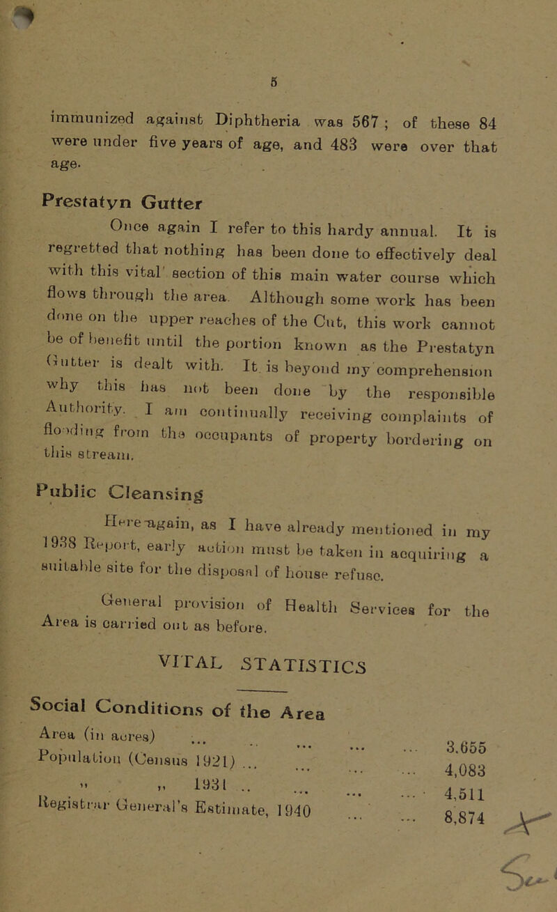 immunized against Diphtheria was 567; of these 84 were under five years of age, and 483 were over that age. Prestatyn Gutter Once again I refer to this hardy annual. It is regretted that nothing lias been done to effectively deal with this vital section of this main water course which flows through the area. Although some work has been done on the upper reaches of the Cut, this work cannot be of benefit until the portion known as the Prestatyn Outtei is dealt with. It is beyond my comprehension why this has not been done by the responsible Authority. I am continually receiving complaints of flooding from the occupants of property bordering on this stream. Public Cleansing Here-again, as I have already mentioned in my 1938 Report, early action must he taken in acquiring a suitable site for the disposal of house refuse. General provision of Health Services for the Area is carried out as before. VITAL STATISTICS Social Conditions of the Area Area (in acres) Population (Census 1921) ” >’ 1931 .. Registrar General’s Estimate, 1940 3.655 4,083 4,511 8,874