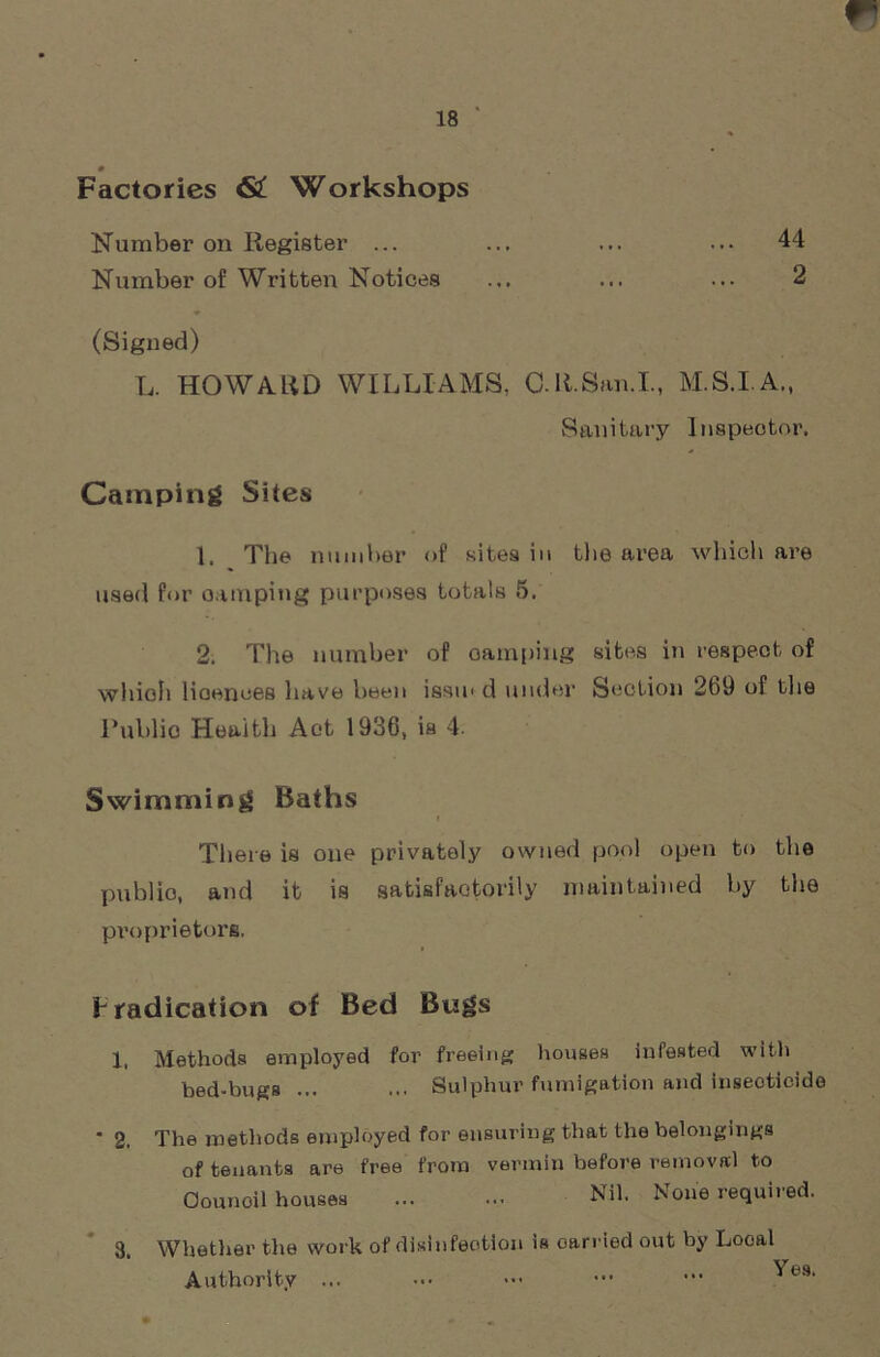 18 * ♦ Factories 62! Workshops Number on Register ... ... ... ... 44 Number of Written Notices ... ... ... 2 (Signed) L. HOWARD WILLIAMS, O.R.San.I., M.S.I.A., Sanitary Inspector. Camping Sites 1. The number of sites in the area which are used for oamping purposes totals 5. 2. The number of camping sites in respect of whioh licences have been issm d under Section 269 of the Publio Health Act 1936, is 4. Swimming Baths There is one privately owned pool open to the publio, and it is satisfactorily maintained by the proprietors. Eradication of Bed Bugs 1, Methods employed for freeing houses infested with bed-bugs ... ... Sulphur fumigation and insecticide ■ 2. The methods employed for ensuring that the belongings of tenants are free from vermin before removal to Oounoil houses ... ... Nil. None required. 3. Whether the work of disinfection is carried out by Local Authority ... ••• ^e9‘ * '