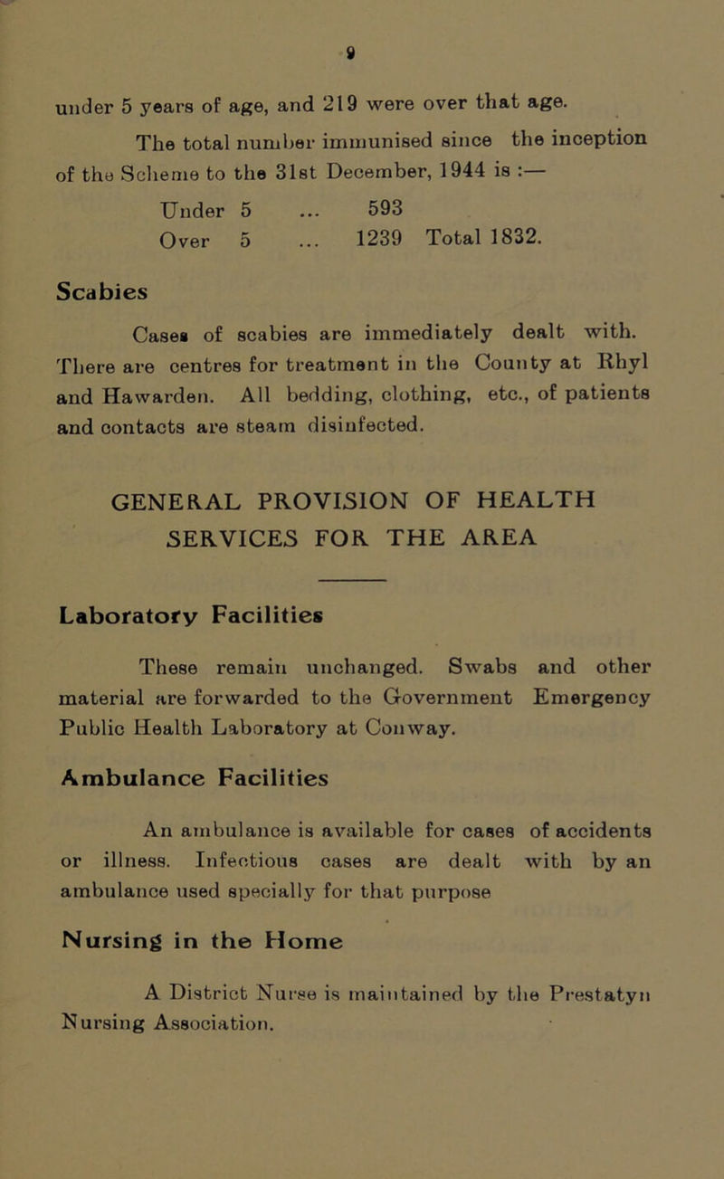 under 5 years of age, and 219 were over that age. The total number immunised since the inception of the Scheme to the 31st December, 1944 is :— Under 5 ... 593 Over 5 ... 1239 Total 1832. Scabies Cases of scabies are immediately dealt with. There are centres for treatment in the County at Rhyl and Hawarden. All bedding, clothing, etc., of patients and contacts are steam disinfected. GENERAL PROVISION OF HEALTH SERVICES FOR THE AREA Laboratory Facilities These remain unchanged. Swabs and other material are forwarded to the Government Emergency Public Health Laboratory at Conway. Ambulance Facilities An ambulance is available for cases of accidents or illness. Infectious cases are dealt with by an ambulance used specially for that purpose Nursing in the Home A District Nurse is maintained by the Prestatyn Nursing Association.