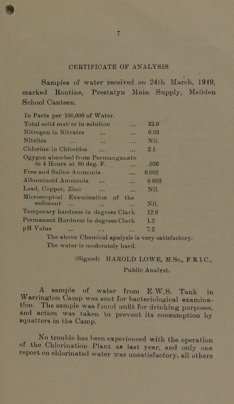 CERTIFICATE OF ANALYSIS Samples of water received on 24th March, 1949, marked Routine, Prestatyn Main Supply, Meliden School Canteen. In Parts per 100,000 of Water. Total solid matter in solution ... 33.0 Nitrogen in Nitrates ... ... 0.03 Nitrites ... ... ... Nil. Chlorine in Chlorides ... ... 2.1 Ogygen absorbed from Permanganate in 4 Hours at 80 deg. F. ... .036 Fi’ee and Saline Ammonia .... 0.002 Albuminoid Ammonia ... ... 0.003 Lead, Copper, Zinc ... ... Nil. Microscopical Examination of the sediment ... ... ... Nil. Temporary hardness in degrees Clark 12.6 Permanent Hardness in degrees Clark 1.2 pH Value ... ... ... 7.2 The above Chemical apalysis is very satisfactory. The water is moderately hard. (Signed) HAROLD LOWE, M.Sc„ F.R.I.C., Public Analyst. A sample of water from E.W,S. Tank in Warrington Camp was sent for bacteriological examina- tion. The sample was found unfit for drinking purposes, and action was taken to prevent its consumption by squatters in the Camp. No trouble has been experienced with the operation of the Chlorination Plant as last year, and only one report on chlorinated water was unsatisfactory, all others