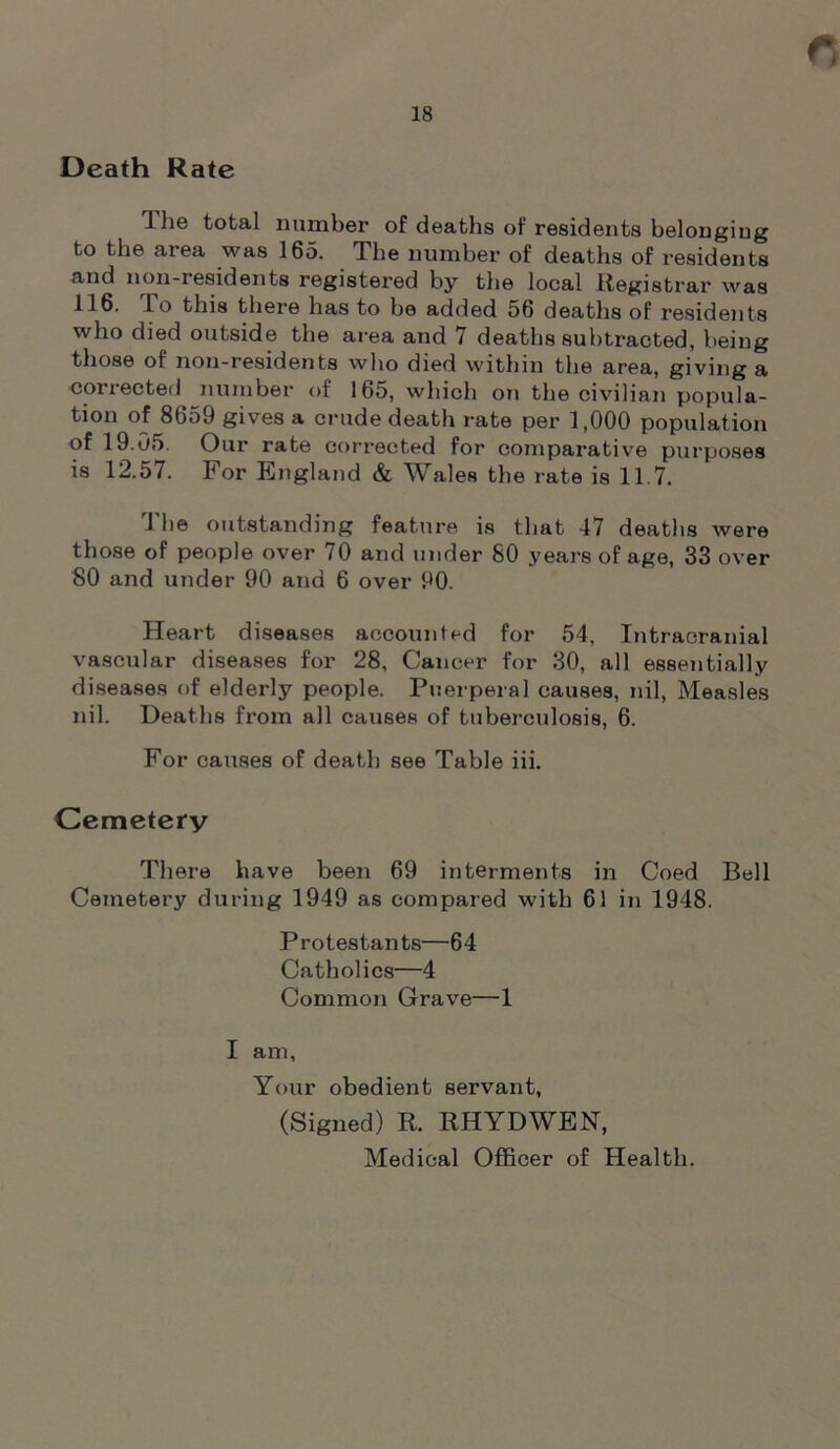 r, Death Rate Ihe total number of deaths of residents belonging to the area was 165. The number of deaths of residents and non-residents registered by the local Registrar was 116. Lo this there has to be added 56 deaths of residents who died outside the area and 7 deaths subtracted, being those of non-residents who died within the area, giving a corrected number of 165, which on the civilian popula- tion of 8659 gives a crude death rate per 1,000 population of 19.05. Our rate corrected for comparative purposes is 12.57. For England & M^ales the rate is 11.7. The outstanding feature is that 47 deaths were those of people over 70 and under 80 years of age, 33 over 80 and under 90 and 6 over 90. Heart diseases accounted for 54, Intracranial vascular diseases for 28, Cancer for 30, all essentially diseases of elderly people. Puerperal causes, nil, Measles nil. Deaths from all causes of tuberculosis, 6. For causes of death see Table iii. Cemetery There have been 69 interments in Coed Bell Cemetery during 1949 as compared with 61 in 1948. Protestants—64 Catholics—4 Common Grave—1 I am, Your obedient servant, (Signed) R. RHYDWEN, Medical Officer of Health.
