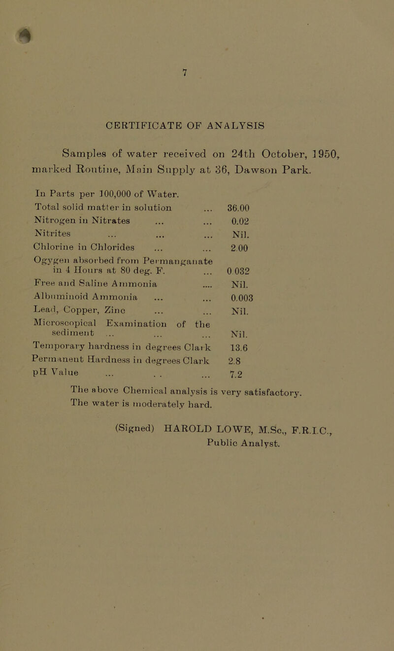 CERTIFICATE OF ANALYSIS Samples of water received cm 24th October, 1950, marked Routine, Main Supply at 36, Dawson Park- in Parts per 100,000 of Water. Total solid matter in solution 36.00 Nitrogen in Nitrates 0.02 Nitrites Nil. Chlorine in Chlorides 200 Ogygen absorbed from Permanganate in 4 Hours at 80 deg. F. 0 032 Free and Saline Ammonia Nil. Albuminoid Ammonia 0.003 Lead, Copper, Zinc Nil. Microscopical Examination of the sediment Nil. Temporary hardness in degrees Clark 13.6 Permanent Hardness in degrees Clark 2.8 pH Value 7.2 The above Chemical analysis is very satis facto ry. The water is moderately hard. (Signed) HAROLD LOWE, M.Sc„ F.R.I.C., Public Analyst.