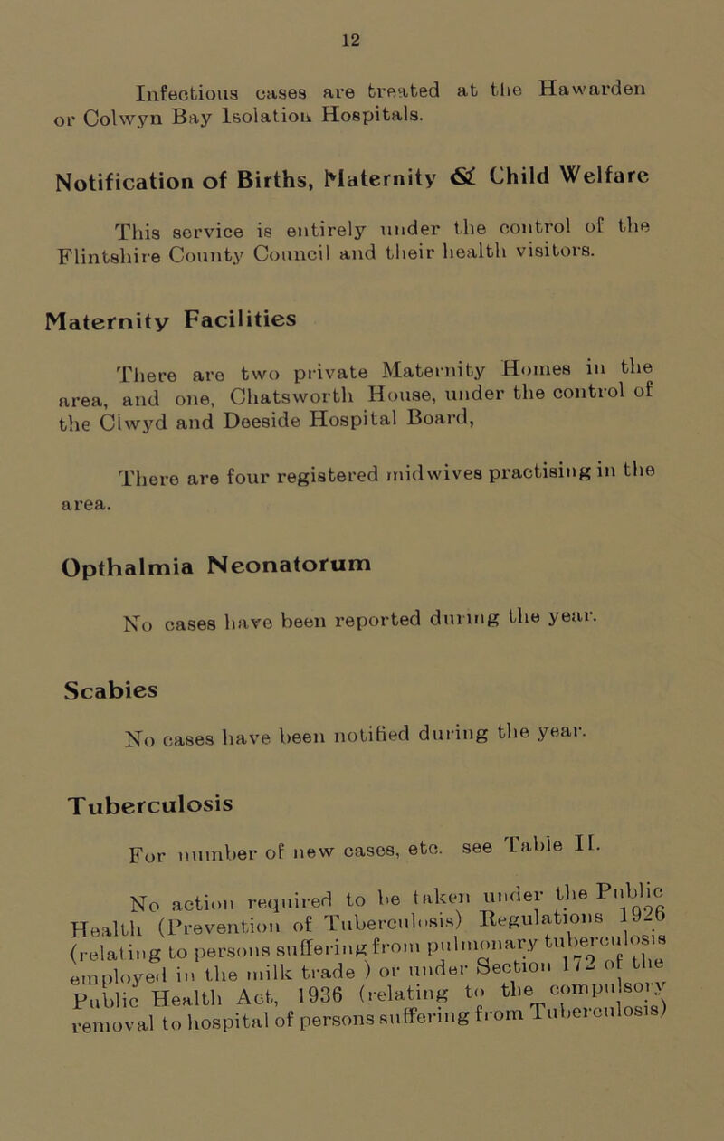 Infectious cases ace treated at tlie Hawarden or Colwyn Bay Isolation Hospitals. Notification of Births, Maternity <S£ Child Welfare This service is entirely under the control of the Flintshire County Council and their health visitors. Maternity Facilities There are two private Maternity Homes in the area, and one, Chatsworth House, under the control of the Clwyd and Deeside Hospital Board, There are four registered mid wives practising in the area. Opthalmia Neonatorum No cases have been reported during the year. Scabies No cases have been notified during the year. Tuberculosis For number of new cases, etc. see Table II. No action required to be taken under the Pnhhcs Health (Prevention of Tuberculosis) Regulations 19.b (relat ing to persons suffering from pulmonary tuberculosis employed in the milk trade ) or under Section 1 I - of the Public Health Act, 1936 (relating to the> oompu sot removal to hospital of persons suffering from Tuberculosis)