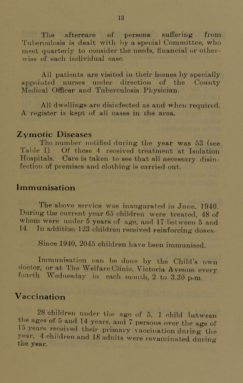 The aftercare of persons suffering from Tuberculosis is dealt with by a special Committee, who meet quarterly to consider the needs, financial or other- wise of each individual case. All patients are visited in their homes by specially appointed nurses under direction of the County Medical Officer and Tuberculosis Physician. All dwellings are disinfected as and when required. A register is kept of all cases in die area. Zymotic Diseases The number notified during the year was 53 (see Table I). Of these 4 received treatment at Isolation Hospitals. Care is taken to see that all necessary disin- fection of premises and clothing is carried out. Immunisation The above service was inaugurated in June. 1940. During the current year 65 children were treated, 48 of whom were under 5 years of age, and 17 between 5 and 14. In addition 123 children received reinforcing doses. feince 1940, 2045 children have been immunised. Immunisation can be done by the Child’s own doctor, or at 1 he Wei fare Clinic, V ictoria Avenue every fourth Wednesday in each month, 2 to 3.30 p.m. Vaccination 28 children under the age of 5, 1 child between t je ages of 5 and 14 years, and 7 persons over the age of lo years received their primary vaccination during the \ eai, 4 children and 18 adults were revaccinated during the year.