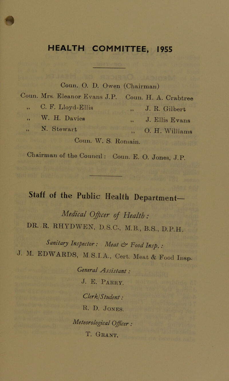 HEALTH COMMITTEE, I95S Coun. O. D. Owen (Chairman) Conn. Mrs. Eleanor Evans J.P. Coun. H. A. Crabtree ” C• F- Lloyd-Ellis „ J. R. Gilbert „ W. H. Davies „ J. Ellis Evans ” N. Stewart „ O. H. Williams Coun. W. S Ron tain. Chairman of the Council: Coun. E. O. Jones, J.P. Staff of the Public Health Department— Medical Officer of Health: DR. R. RHYDWEN, D.S.C-, M.B., B.S., D.P.H. Sanitary Inspector: Meat dr Food Insp. : J. M. EDWARDS, M.S.I.A., Cert. Meat & Food Insp. General Assistant: J. E. Parry. Clerk! Student •' B. D. Jones. Meteorological Officer: T. Grant.