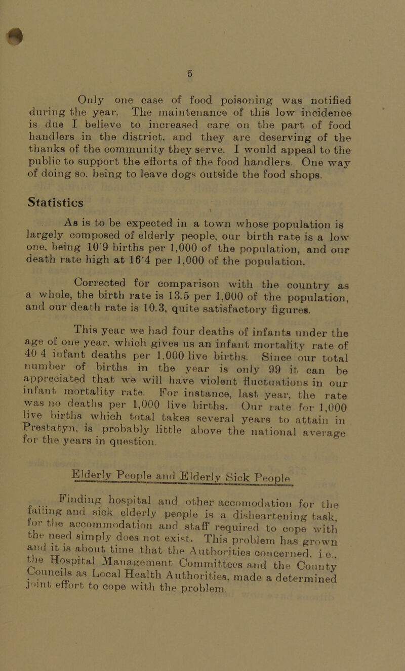 Only one case of food poisoning was notified during the year. The maintenance of this low incidence is due I believe to increased care on the part of food handlers in the district, and they are deserving of the thanks of the community they serve. I would appeal to the public to support the efforts of the food handlers. One way of doing so. being to leave dogs outside the food shops. Statistics \ As is to be expected in a town whose population is largely composed of elderly people, our birth rate is a low one. being 10 9 births per 1,000 of the population, and our death rate high at 16 4 per 1,000 of the population. Corrected for comparison with the country as a whole, the birth rate is 13.5 per 1,000 of the population, and our death rate is 10.3, quite satisfactory figures. Ihis year we had four deaths of infants under the age of one year, which gives us an infant mortality rate of 4(> 4 infant deaths per 1.000 live births. Since our total number of births in the year is only 99 it can be appreciated that we will have violent fluctuations in our infant mortality rate. For instance, last year, the rate was no deaths per 1,000 live births. Our rate for 1,000 live births which total takes several years to attain in Prestatyn, is probably little above the national average for the years in question. Elderly People and Elderly Sick People ... binding hospital and other accomodation for the tailing and sick elderly people is a disheartening task tor the accommodation and staff required to cope with the need simply does not exist. This problem has grown ai'.d it js about time that the Authorities concerned, i e the Hospital Management Committees and the County Councils as Local Health Authorities, made a determined Joint effort to cope with the problem.