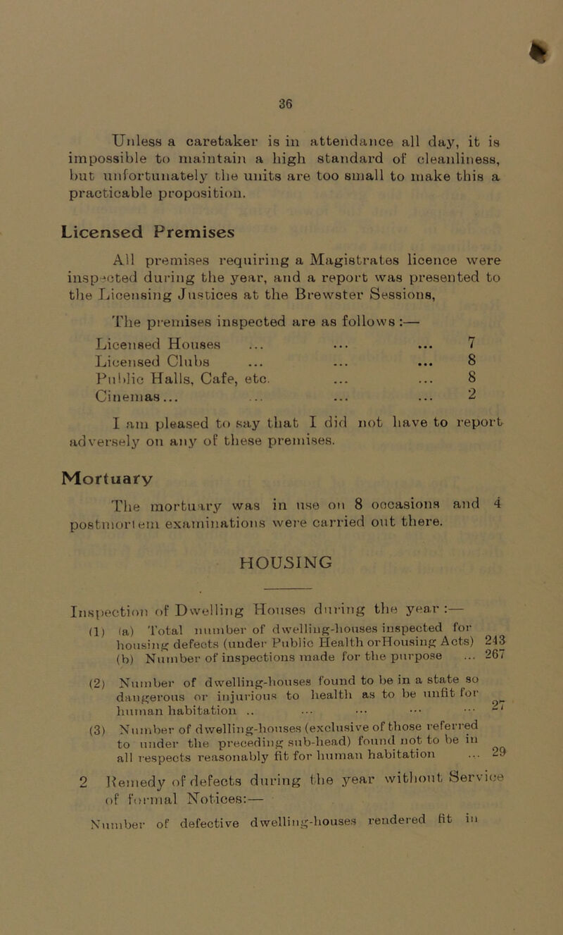 Unless a caretaker is in attendance all day, it is impossible to maintain a high standard of cleanliness, but unfortunately the units are too small to make this a practicable proposition. Licensed Premises All premises requiring a Magistrates licence were inspected during the year, and a report was presented to the Licensing Justices at the Brewster Sessions, The premises inspected are as follows :— Licensed Houses ... ... ... 7 Licensed Clubs ... ... ... 8 Public Halls, Cafe, etc. ... ... 8 Cinemas... ... ... ... 2 I am pleased to say that I did not have to report adversely on any of these premises. Mortuary The mortuary was in use on 8 occasions and 4 postmortem examinations were carried out there. HOUSING Inspection of Dwelling Houses during the year:— (1) la) Total number of dwelling-houses inspected for housing defects (under Public Health orHousing Acts) 243 (b) Number of inspections made for the purpose ... 26. (2) Number of dwelling-houses found to be in a state so dangerous or injurious to health as to be unfit tot ^ human habitation .. ... ••• ••• (3) Number of dwelling-houses (exclusive of those referred to under the preceding sub-liead) found not to be in all respects reasonably fit for human habitation ... 29 2 Remedy of defects during t he year without Service of formal Notices:— Number of defective dwelling-houses rendered fit in