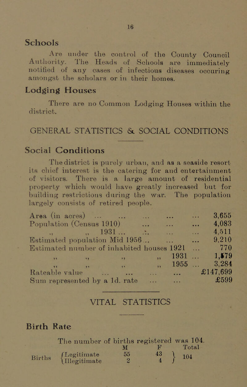 Schools Are under the control of the County Council Authority. The Heads of Schools are immediately notified of any cases of infectious diseases occuring amongst the scholars or in their homes. Lodging Houses There are no Common Lodging Houses within the district. GENERAL STATISTICS & SOCIAL CONDITIONS Social Conditions The district is purely urban, and as a seaside resort its chief interest is the catering for and entertainment of visitors. There is a large amount of residential property which would have greatly increased but for building restrictions during the war. The population largely consists of retired people. Area (in acres) Population (Census 1910) 1931 ... Estimated population Mid 1956... Estimated number of inhabited houses 1921 „ 1931 1955 ' J n Rateable value Sum represented by aid. rate 3,655 4,083 4,511 9,210 770 1,179 3,284 £147,699 £599 VITAL STATISTICS Birth Rate Births The number of births registered was 104. M F Total /Legitimate 55 43 \ 104 /Illegitimate 2 4 /