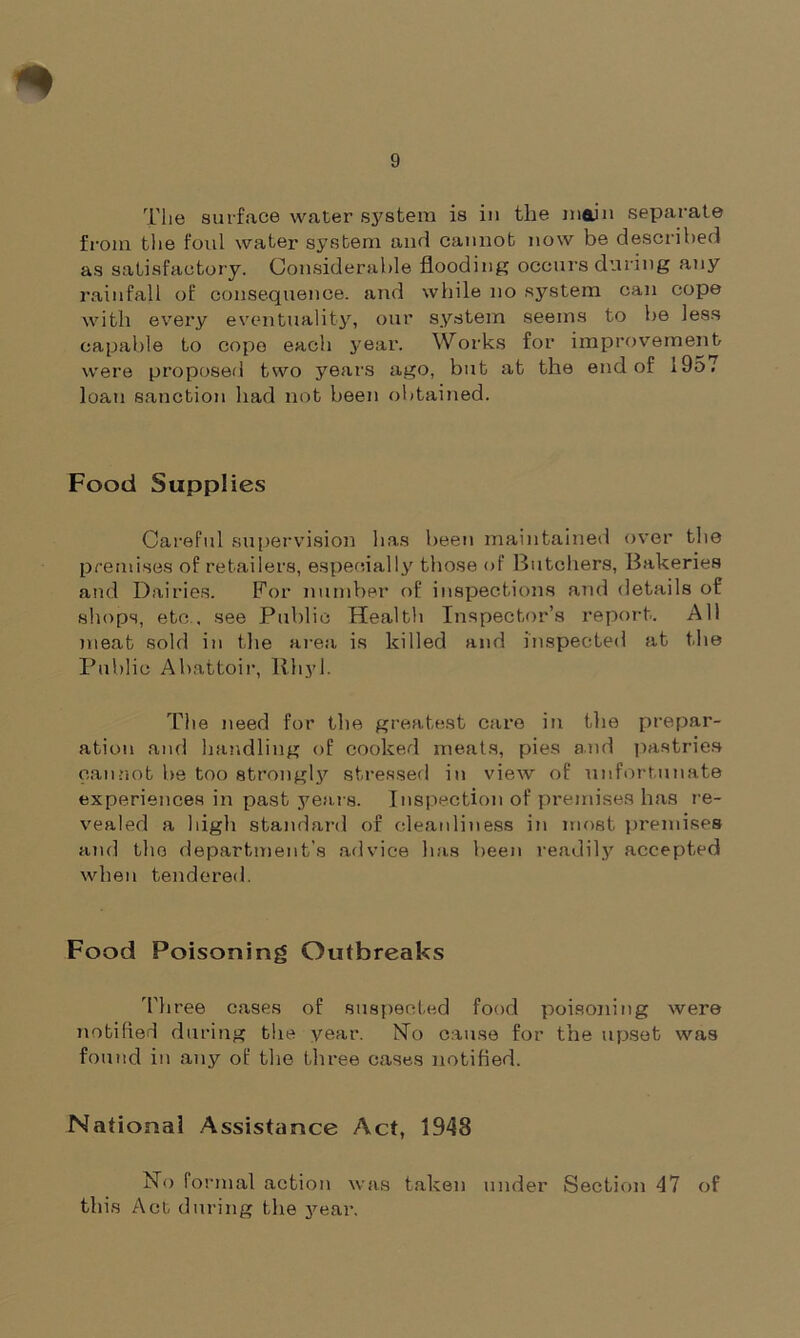 The surface water system is in the main separate from the foul water system and cannot now be described as satisfactory. Considerable flooding occurs during any rainfall of consequence, and while no system can cope with every eventuality, our system seems to be less capable to cope each year. Works for improvement were proposed two years ago, but at the end of 1957 loan sanction bad not been obtained. Food Supplies Careful supervision has been maintained over the premises of retailers, especially those of Butchers, Bakeries and Dairies. For number of inspections and details of shops, etc , see Public Health Inspector’s report. All meat sold in the area is killed and inspected at the Public Abattoir, Rhyl. The need for the greatest care in the prepar- ation and handling of cooked meats, pies and pastries cannot be too strongly stressed in view of unfortunate experiences in past years. Inspection of premises has re- vealed a high standard of cleanliness in most premises and the department’s advice has been readily accepted when tendered. Food Poisoning Outbreaks Three cases of suspected food poisoning were notified during the year. Ho cause for the upset was found in any of the three cases notified. National Assistance Act, 1943 No Co final action was taken under Section 47 of this Act, during the year.