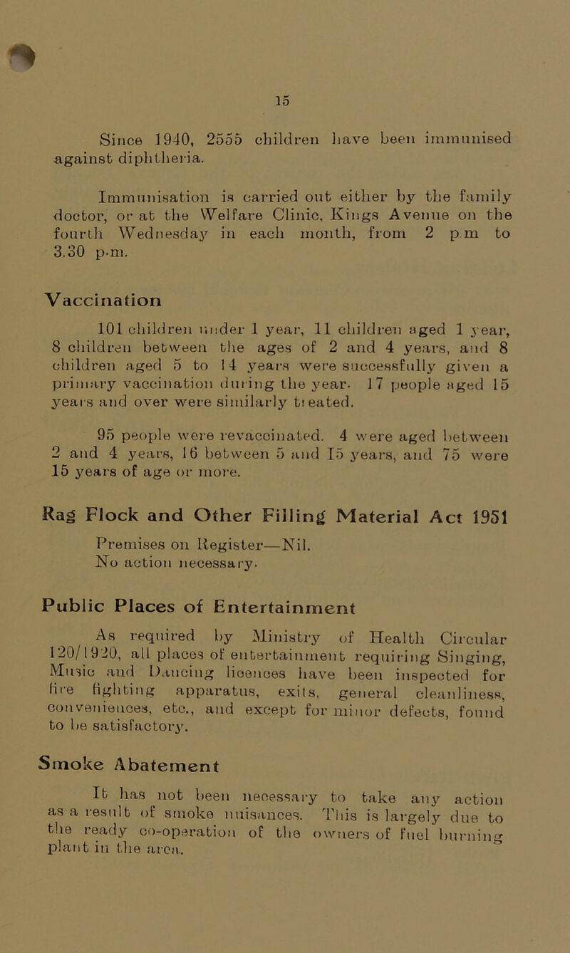 Since J 940, 2555 children liave been immunised against diphtheria. Immunisation is carried out either by the family doctor, or at the Welfare Clinic, Kings Avenue on the fourth Wednesday in each month, from 2 pm to 3.30 p-m. Vaccination 101 children under 1 year, 11 children aged 1 year, 8 children between the ages of 2 and 4 years, and 8 children aged 5 to ! 4 years were successfully given a primary vaccination during the year- 17 people aged 15 years and over were similarly tieated. 95 people were revaccinated. 4 were aged between 2 and 4 years, 16 between 5 and 15 years, and 75 were 15 years of age or more. Rag Flock and Other Filling Material Act 1951 Premises on Register—Nil. No action necessary. Public Places of Entertainment As required by Ministry of Health Circular 1 20/1 9JO, all places of entertainment requiring Singing, Music and Dancing licences have been inspected for Hie lighting apparatus, exits, general cleanliness, conveniences, etc., and except for minor defects, found to be satisfactory. Smoke Abatement It has not been necessary to take any action as a result of smoko nuisances. This is largely due to the ready co-operation of the owners of fuel burning plant in the area.