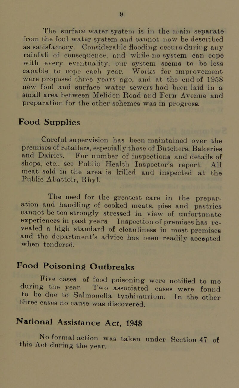 The surface water system is in the main separate from the foul water system and cannot now be described as satisfactory. Considerable flooding occurs during any rainfall of consequence, and while no system can cope with every eventuality, our system seems to be less capable to cope each year. Works for improvement were proposed three years ago, and at the end of 1958 new foul and surface water sewers had been laid in a small area between Meliden Road and Fein Avenue and preparation for the other schemes was in progress. Food Supplies Careful supervision has been maintained over the premises of retailers, especially those of Butchers, Bakeries and Dairies. For number of inspections and details of shops, etc., see Public Health Inspector’s report. All meat sold in the area is killed and inspected at the Public Abattoir, Rhyl. The need for the greatest care in the prepar- ation and handling of cooked meats, pies and pastries cannot be too strongly stressed in view of unfortunate experiences in past years. Inspection of premises has re- vealed a high standard of cleanliness in most premises and the department s advice has been readily accepted when tendered. Food Poisoning Outbreaks Five cases of food poisoning were notified to me dining the year. 1 wo associated cases were found to be due to Salmonella typhimurimn. In the other three cases no cause was discovered. National Assistance Act, 1948 No formal action was taken under Section 47 of tins Act during the year.