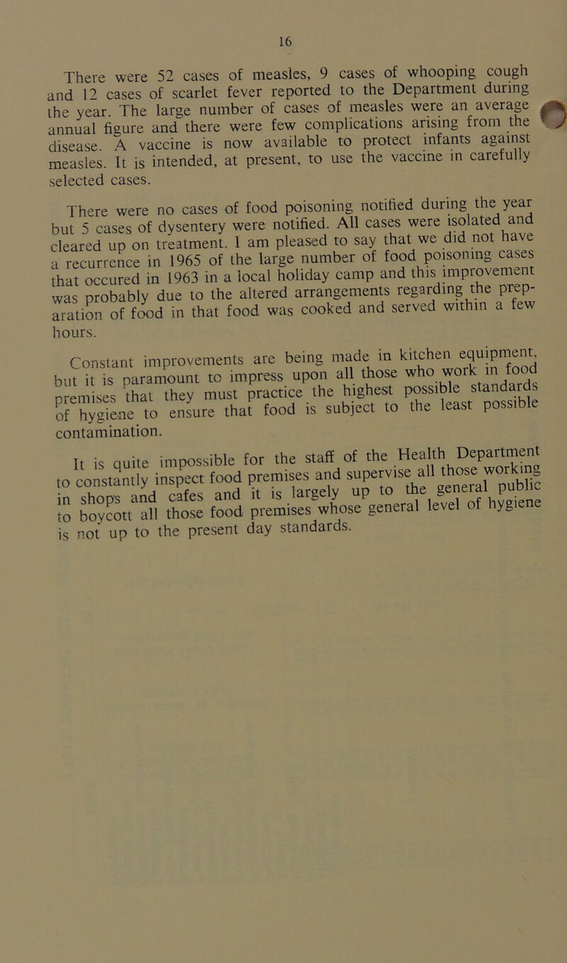 There were 52 cases of measles, 9 cases of whooping cough and 12 cases of scarlet fever reported to the Department during the year. The large number of cases of measles were an average annual figure and there were few complications arising from the disease A vaccine is now available to protect infants against measles. It is intended, at present, to use the vaccine in carefully selected cases. There were no cases of food poisoning notified during the year but 5 cases of dysentery were notified. All cases were isolated and cleared up on treatment. 1 am pleased to say that we did not have a recurrence in 1965 of the large number of food poisoning cases that occured in 1963 in a local holiday camp and this improvement was probably due to the altered arrangements regarding the prep- 2. of food in that food was cooked and served within a few hours. Constant improvements are being made in kitchen equipment but it is paramount to impress upon all those who work m food premises that they must practice the highest possible standards SPhy^e to ensure that' food is subject to the least possible contamination. It is quite impossible for the staff of the Health Department to constantly inspect food premises and superv.Se at! those working in shops and cafes and it is largely up to the geJ™l put to boycott all those food premises whose general level of hyg is not up to the present day standards.
