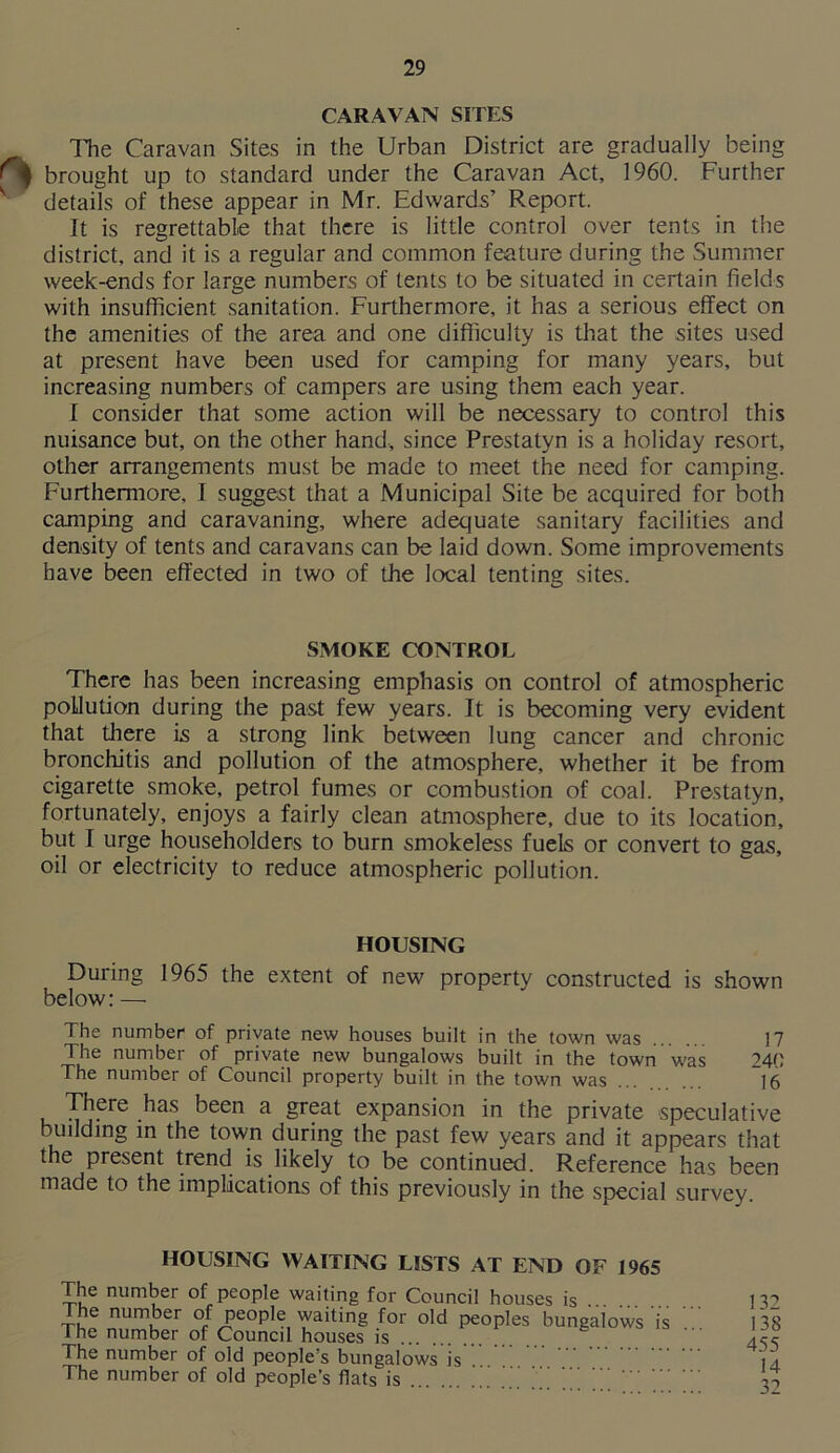 CARAVAN SITES The Caravan Sites in the Urban District are gradually being ^ brought up to standard under the Caravan Act, 1960. Further v details of these appear in Mr. Edwards’ Report. It is regrettable that there is little control over tents in the district, and it is a regular and common feature during the Summer week-ends for large numbers of tents to be situated in certain fields with insufficient sanitation. Furthermore, it has a serious effect on the amenities of the area and one difficulty is that the sites used at present have been used for camping for many years, but increasing numbers of campers are using them each year. I consider that some action will be necessary to control this nuisance but, on the other hand-, since Prestatyn is a holiday resort, other arrangements must be made to meet the need for camping. Furthermore, I suggest that a Municipal Site be acquired for both camping and caravaning, where adequate sanitary facilities and density of tents and caravans can be laid down. Some improvements have been effected in two of the local tenting sites. SMOKE CONTROL There has been increasing emphasis on control of atmospheric pollution during the past few years. It is becoming very evident that there is a strong link between lung cancer and chronic bronchitis and pollution of the atmosphere, whether it be from cigarette smoke, petrol fumes or combustion of coal. Prestatyn, fortunately, enjoys a fairly clean atmosphere, due to its location, but I urge householders to burn smokeless fuels or convert to gas, oil or electricity to reduce atmospheric pollution. HOUSING During 1965 the extent of new property constructed is shown below: — The number of private new houses built in the town was 17 The number of private new bungalows built in the town was 240 The number of Council property built in the town was ... ~16 There has been a great expansion in the private speculative building in the town during the past few years and it appears that the present trend is likely to be continued. Reference has been made to the implications of this previously in the special survey. HOUSING WAITING LISTS AT END OF 1965 The number of people waiting for Council houses is The number of people waiting for old peoples bungalows is The number of Council houses is The number of old people s bungalows is The number of old people’s flats is ... ' /' 132 138 455 14 32