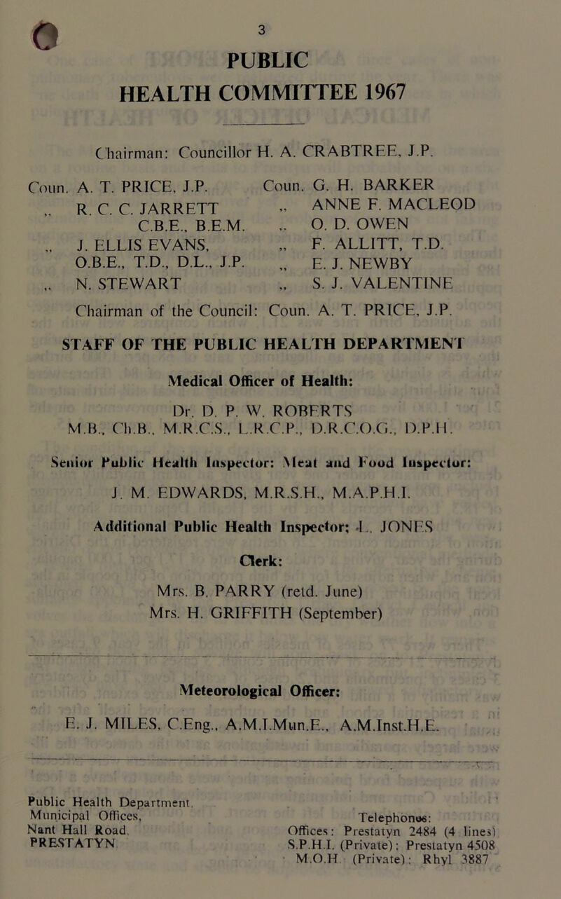 PUBLIC HEALTH COMMITTEE 1967 Chairman: Councillor H. A. CRABTREE, J.P. Conn. A. T. PRICE, J.P. ., R. C. C. JARRETT C.B.E., B.E.M. „ J. ELLIS EVANS, O.B.E., T.D., D.L., J.P. .. N. STEWART Chairman of the Council: Coun. G. H. BARKER „ ANNE F. MACLEOD O. D. OWEN „ F. ALLITT, T.D. „ E. J. NEWBY S. J. VALENTINE Coun. A. T. PRICE, J.P. STAFF OF THE PUBLIC HEALTH DEPARTMENT Medical Officer of Health: Dr. D. P. W. ROBERTS M B.. Ch.B., M.R.C.S., L.R.C.P., D.R.C.O.G., D.P.IL Senior Public Health Inspector: Meat and Food Inspector: J M EDWARDS, M.R.S.H., M.A.P.H.l. Additional Public Health Inspector; T. JONES Clerk: Mrs. B. PARRY (retd. June) Mrs. H. GRIFFITH (September) Meteorological Officer: E. J. MILES, C.Enc., A.M.T.Mun.E., A.M.lnst.H.E. Public Health Department. Municipal Offices, Nant Hall Road. PRESTATYN Telephone: Offices: Prestatyn 2484 (4 lines) S.P.H.I. (Private): Prestatyn 4508 M.O.H. (Private): Rhyl 3887