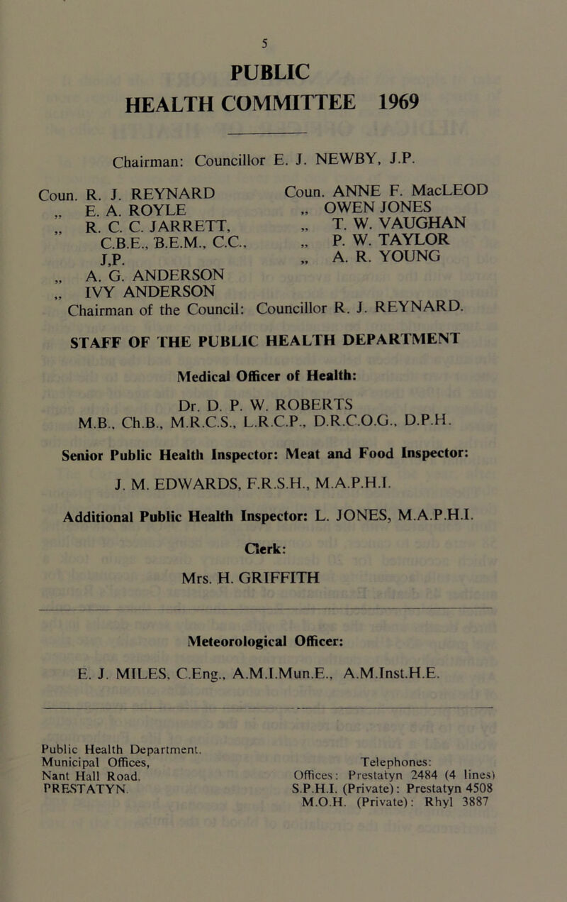 PUBLIC HEALTH COMMITTEE 1969 Chairman: Councillor E. J. NEWBY, J.P. Coun. R. J. REYNARD „ E. A. ROYLE „ R. C. C. JARRETT, C.B.E., B.E.M., C.C., J,P. „ A. G. ANDERSON „ IVY ANDERSON Chairman of the Council: Coun. ANNE F. MacLEOD „ OWEN JONES „ T. W. VAUGHAN „ P. W. TAYLOR „ A. R. YOUNG Councillor R. J. REYNARD. STAFF OF THE PUBLIC HEALTH DEPARTMENT Medical Officer of Health: Dr. D. P. W. ROBERTS M B.. Ch.B., M.R.C.S., L.R.C.P., D.R.C.O.G.. D.P.H. Senior Public Health Inspector: Meat and Food Inspector: J. M. EDWARDS, F.R.S.H., M.A.P.H.I. Additional Public Health Inspector: L. JONES, M.A.P.H.I. Clerk: Mrs. H. GRIFFITH Meteorological Officer: E. J. MILES. C.Eng., A.M.I.Mun.E., A.M.Inst.H.E. Public Health Department. Municipal Offices, Telephones: Nant Hall Road. Offices: Prestatyn 2484 (4 lines) PRESTATYN S.P.H.I. (Private): Prestatyn 4508 M.O.H. (Private): Rhyl 3887