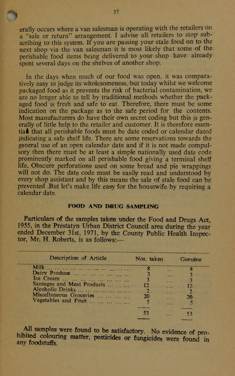 erally occurs where a van salesman is operating with the retailers on a “sale or return” arrangement. I advise all retailers to stop' sub- scribing to this system. If you are passing your stale food on to the next shop via the van salesman it is most likely that some of the perishable food items being delivered to your shop have already spent several days on the shelves of another shop. In the days when much of our food was open, it was compara- tively easy to judge its wholesomeness, but today whilst we welcome packaged food as it prevents the risk of bacterial contamination, we are no longer able to tell by traditional methods whether the pack- aged food is fresh and safe to eat. Therefore, there must be some indication on the package as to the safe period for the contents. Most manufacturers do have their own secret coding but this is gen- erally of little help to the retailer and customer. It is therefore essen- tial that all perishable foods must be date coded or calendar dated indicating a safe shelf life. There are some reservations towards the general use of an open calendar date and if it is not made compul- sory then there must be at least a simple nationally used date code prominently marked on all perishable food giving a terminal shelf life. Obscure perforations used on some bread and pie wrappings will not do. TTie date code must be easily read and understood by every shop assistant and by this means the sale of stale food can be prevented .But let’s make life easy for the housewife by requiring a calendar date. FOOD AND DRUG SAMPLING Particulars of the samples taken under the Food and Drugs Act, 1955, in the Prestatyn Urban District Council area during the year ended December 31st, 1971, by the County Public Health Inspec- tor, Mrv H. Roberts, is as follows:— Description of Article Nos. taken Genuine Milk „ Dairy Produce Ice Cream Sausages and Meat Products ... Alcoholic Drinks Miscellaneous Groceries Vegetables and Fruit 53 ... 53 8 3 3 12 2 20 5 8 3 3 12 2 20 All samples were found to be satisfactory. No evidence of pro- hibit^ colouring matter, pesticides or fungicides were found in
